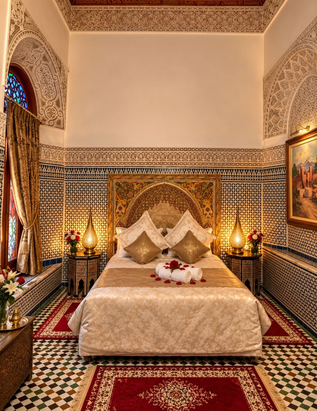 Un dormitorio lujoso con una cama grande, un cabecero ornamentado y detalles de azulejos intrincados.