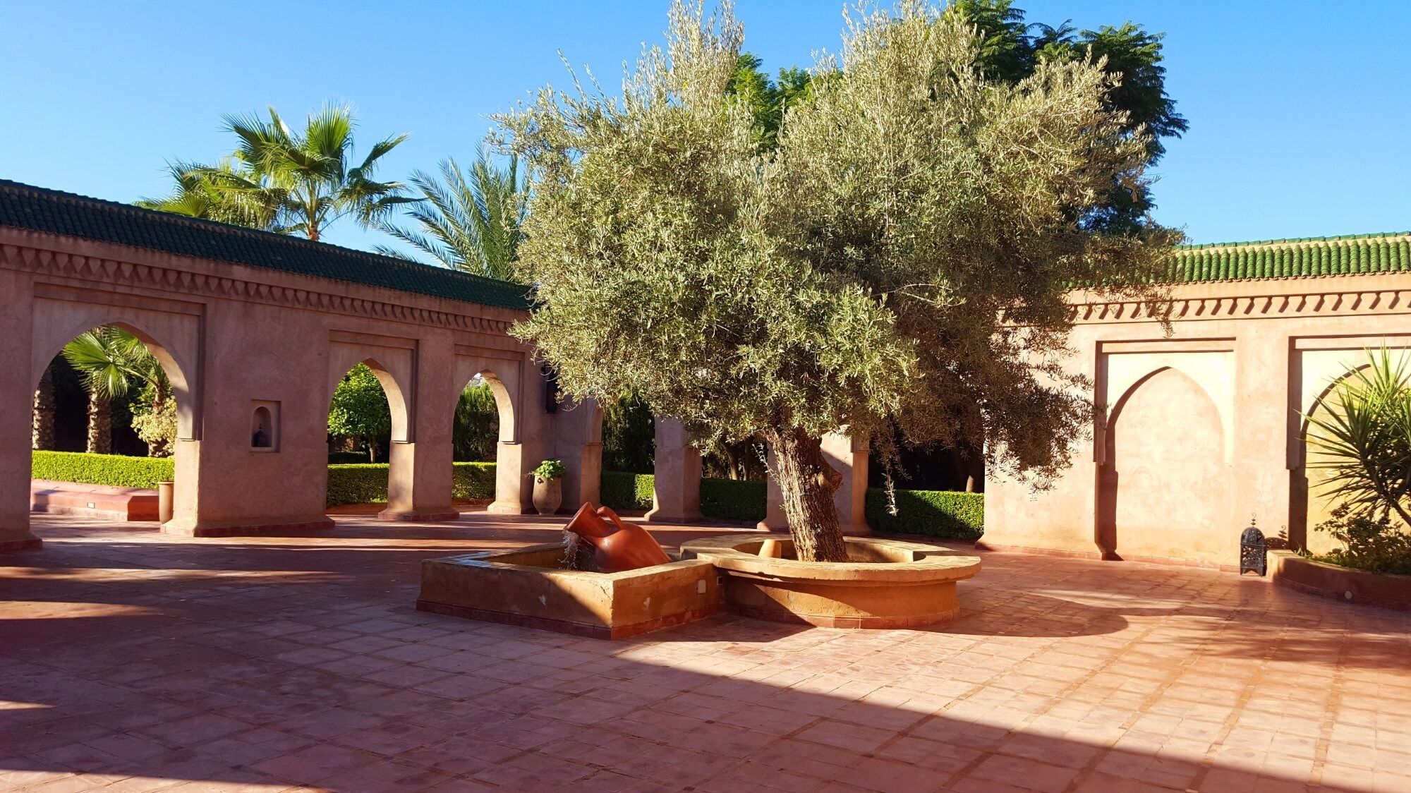 Une cour extérieure agrémentée d’arcades, d’un grand arbre et d’un élément décoratif aquatique.