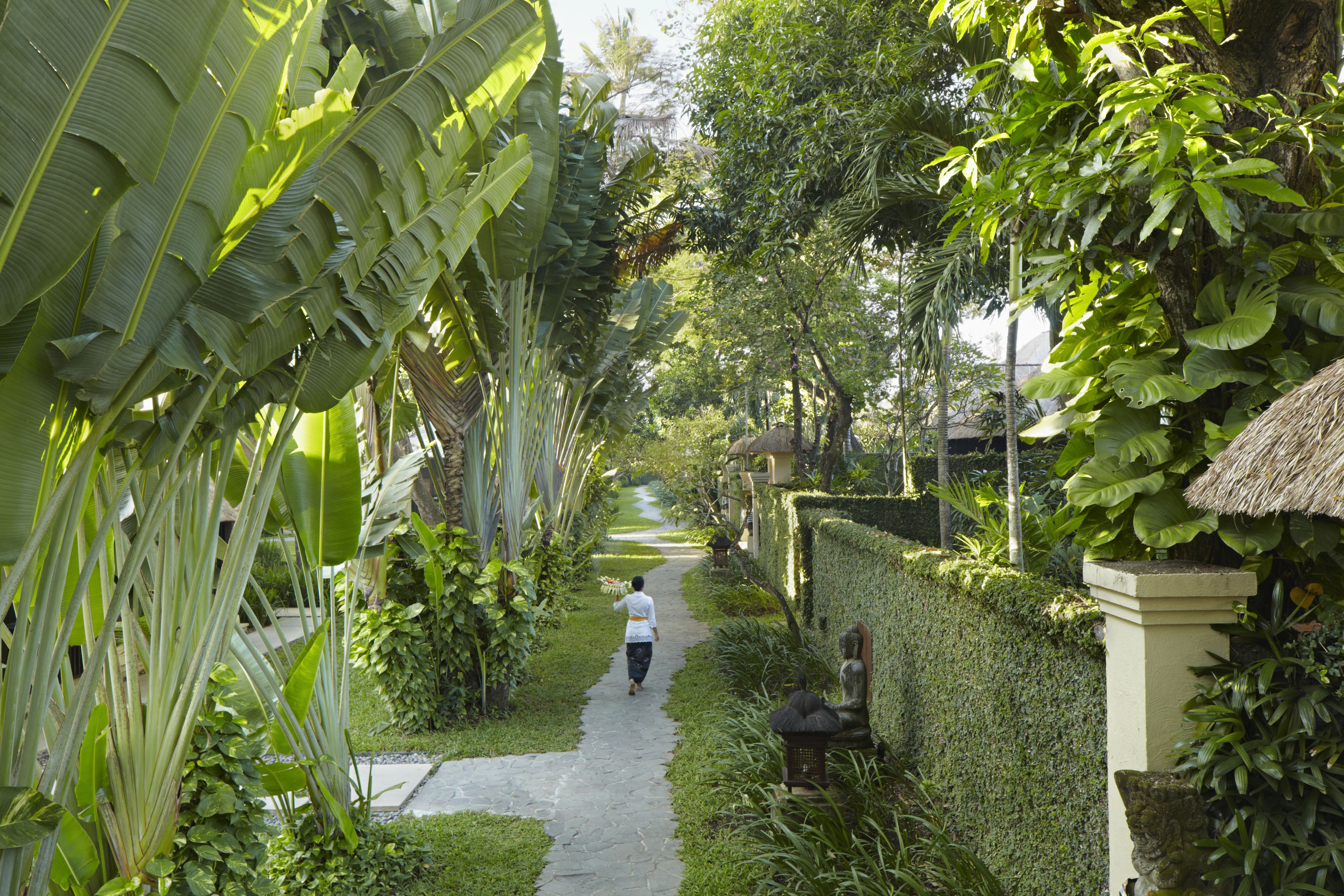 A pathway flanked by lush greenery and a statue, leading to a building with a thatched roof.