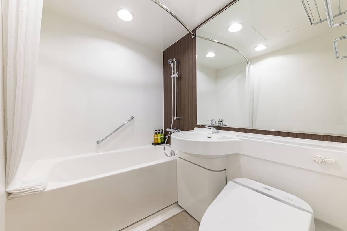 combined shower/bathtub, free toiletries, hair dryer, slippers