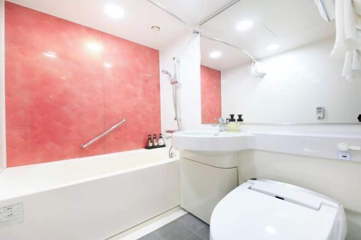 Combined shower/bathtub, free toiletries, hair dryer, slippers