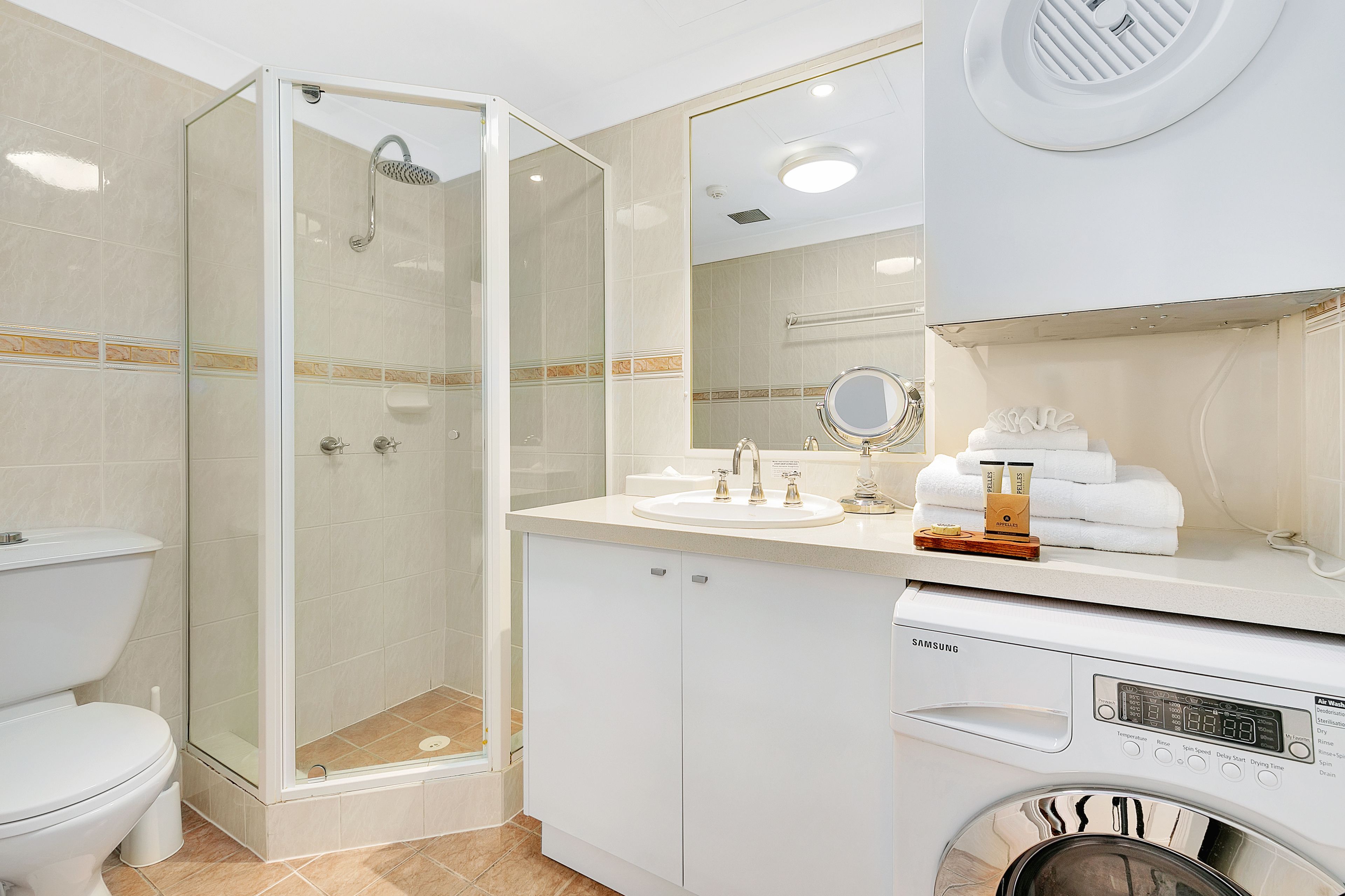 shower, eco-friendly toiletries, hair dryer, towels