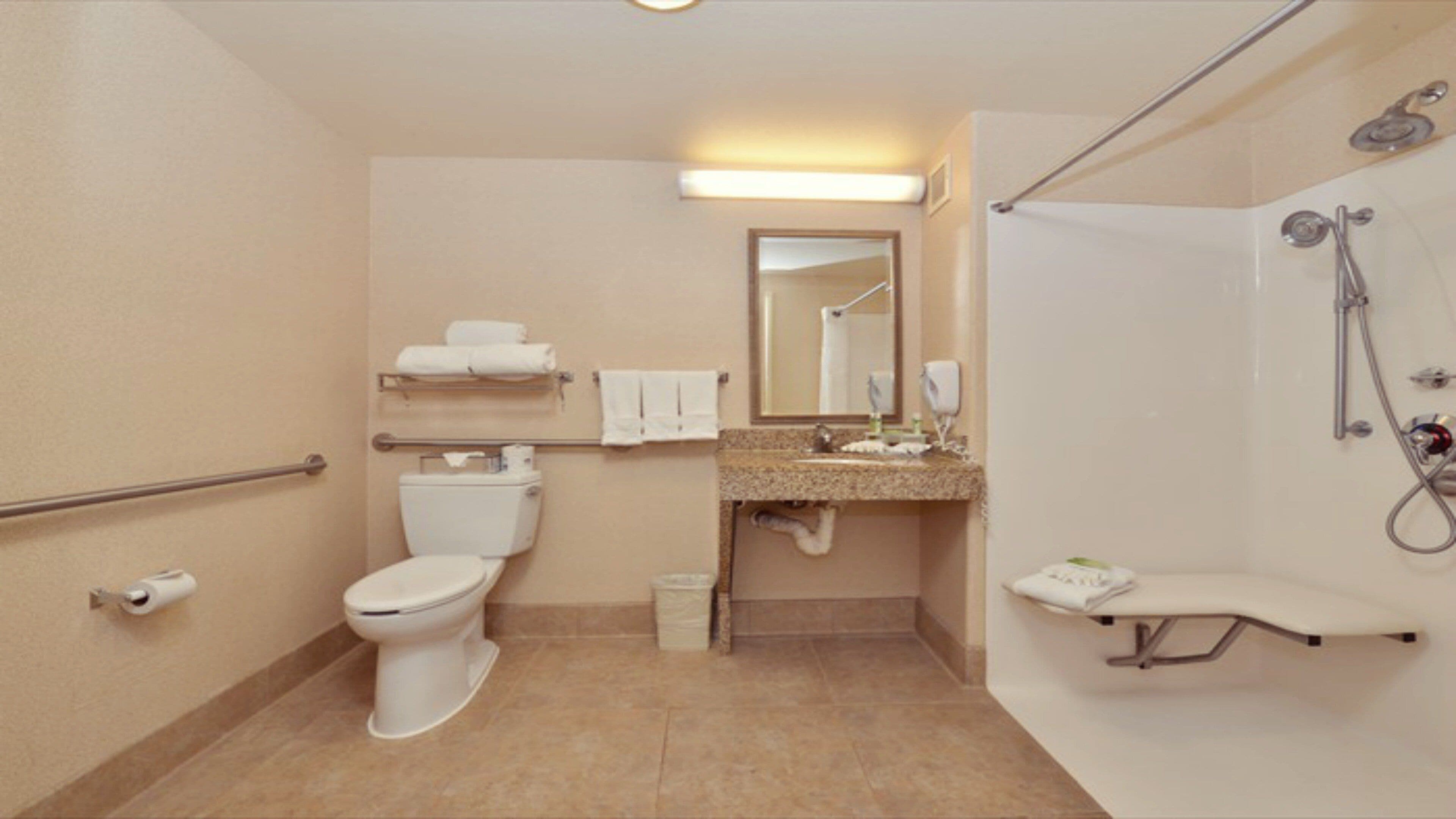 Een standaard hotelbadkamer met toilet, wastafel, spiegel en douche.