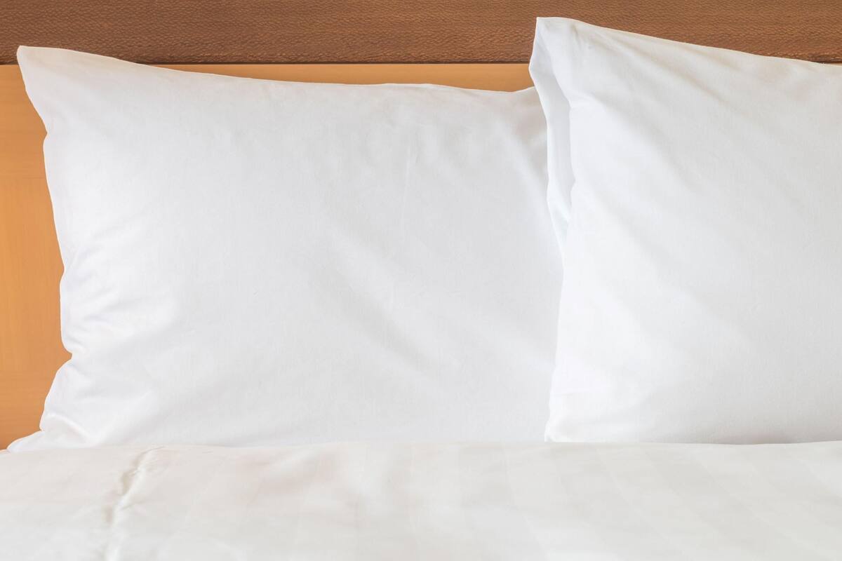 A bed with white bedding and pillows against a wooden headboard.