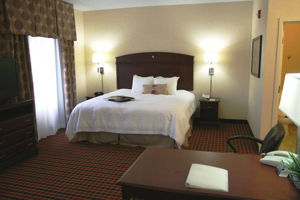 A hotel room with a large bed, two bedside tables, a desk with a chair, a television, and a red and black patterned carpet.