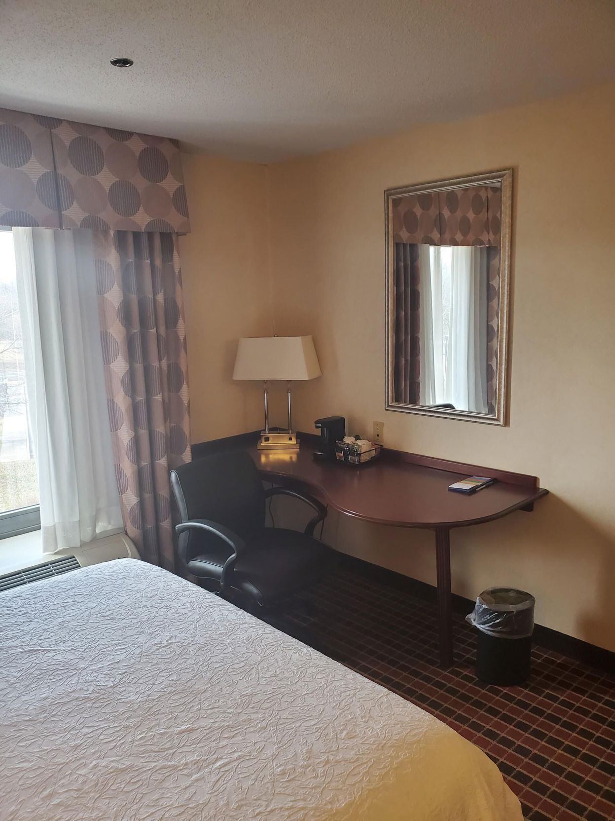 Laptop workspace, blackout curtains, iron/ironing board