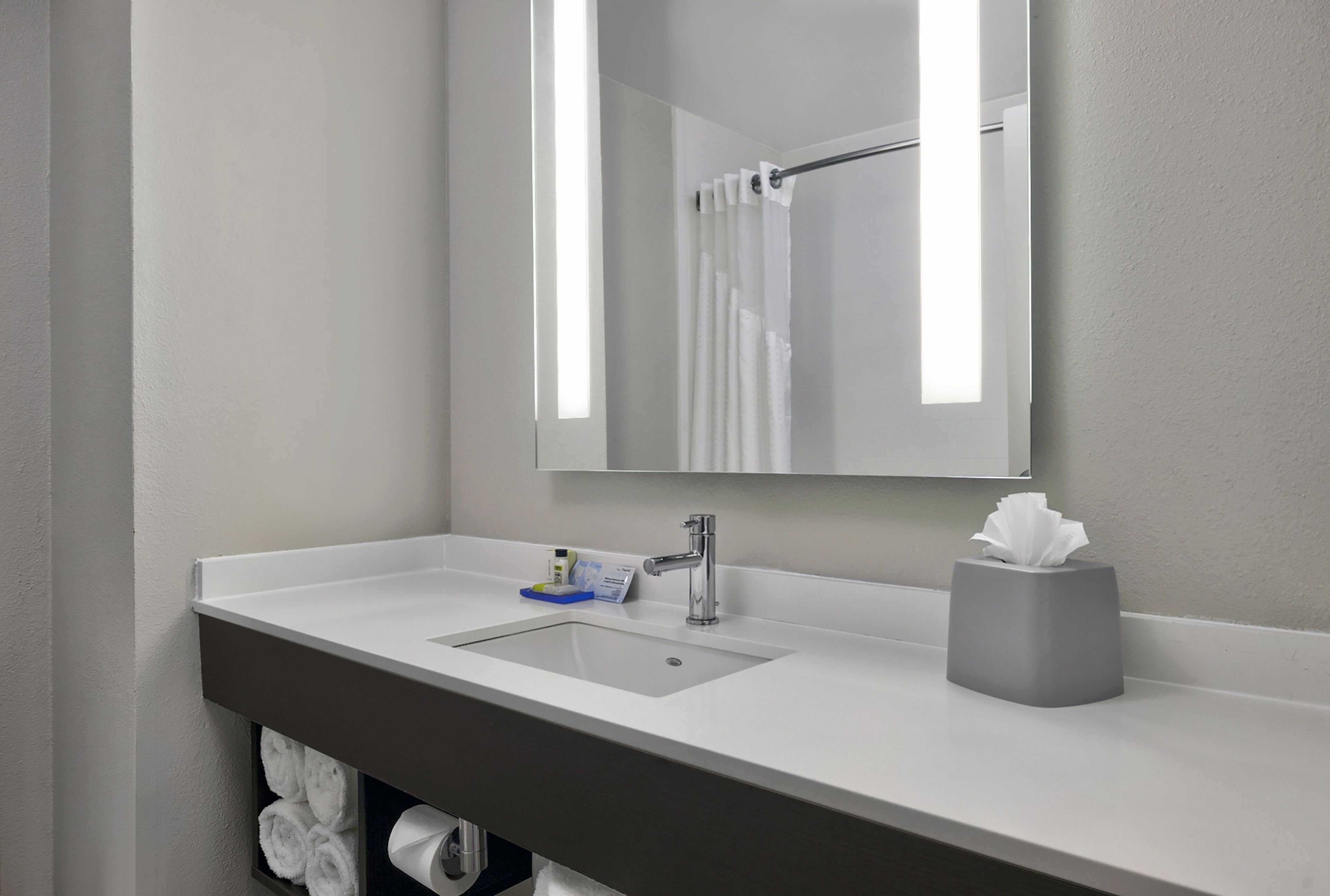 combined shower/bathtub, free toiletries, hair dryer, towels