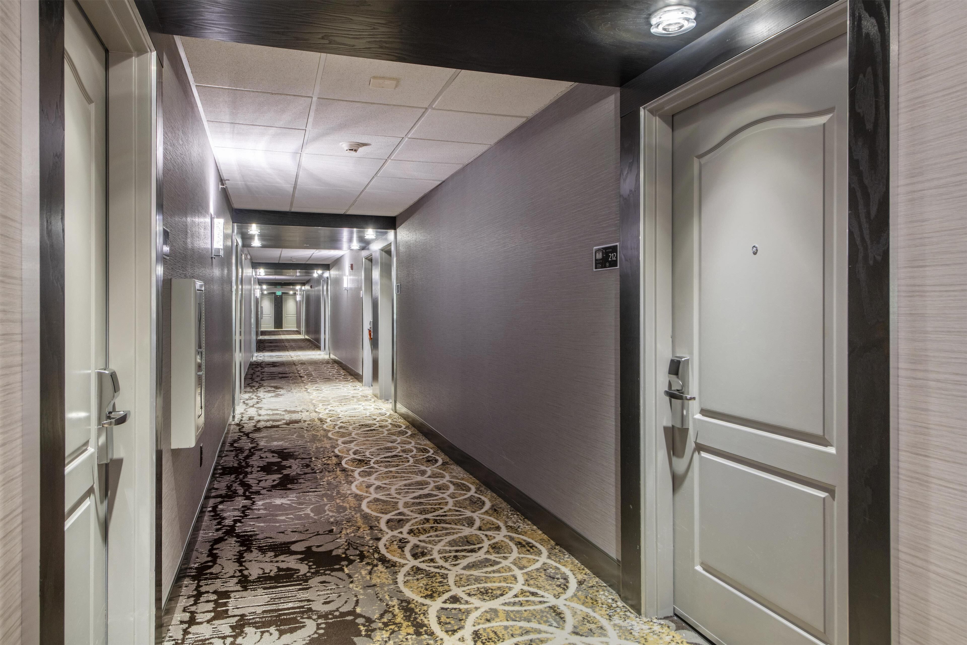 A hotel hallway with a patterned carpet, a series of doors, and a light fixture on the ceiling.