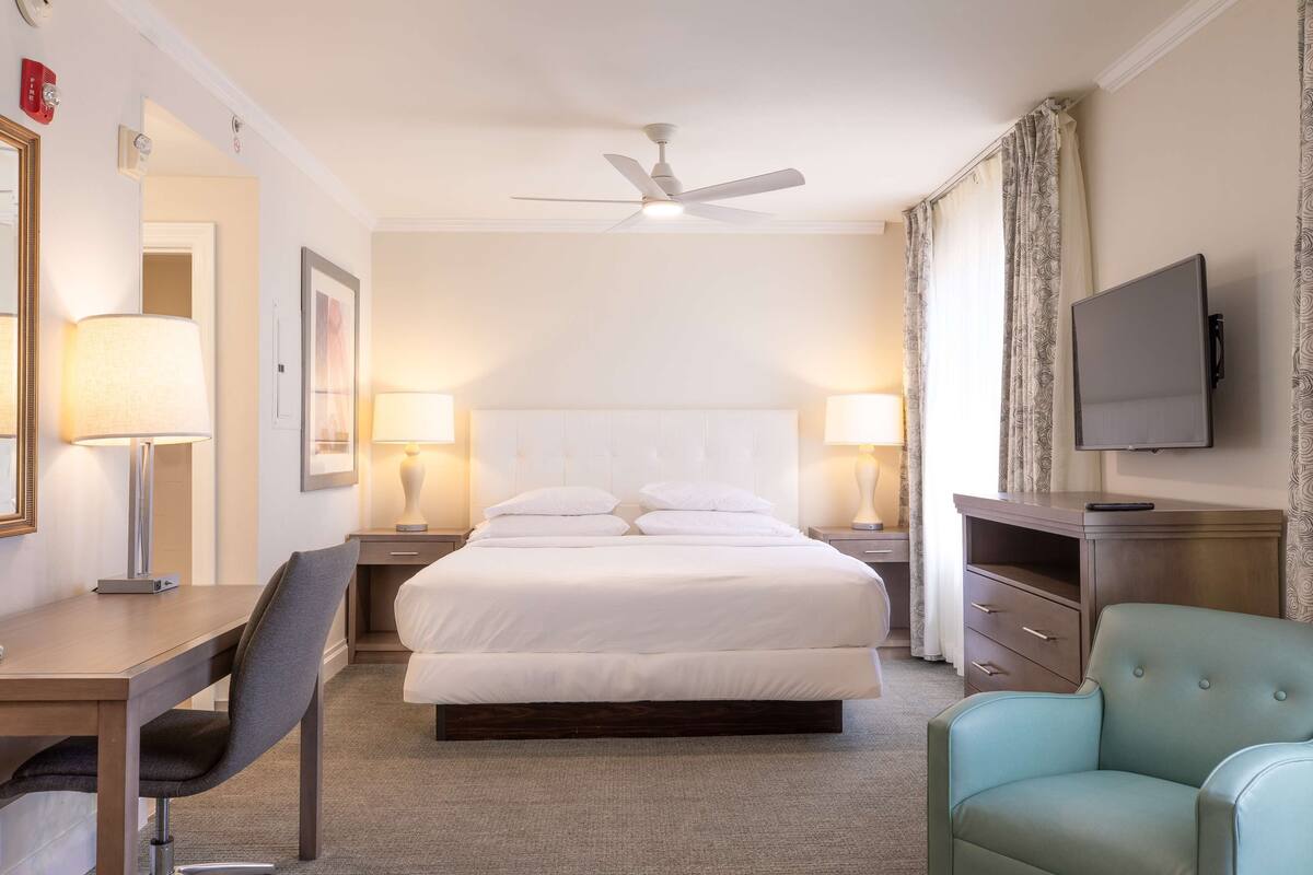 Une chambre d’hôtel équipée d’un lit, d’un bureau, d’une chaise, d’une télévision et d’un ventilateur de plafond.