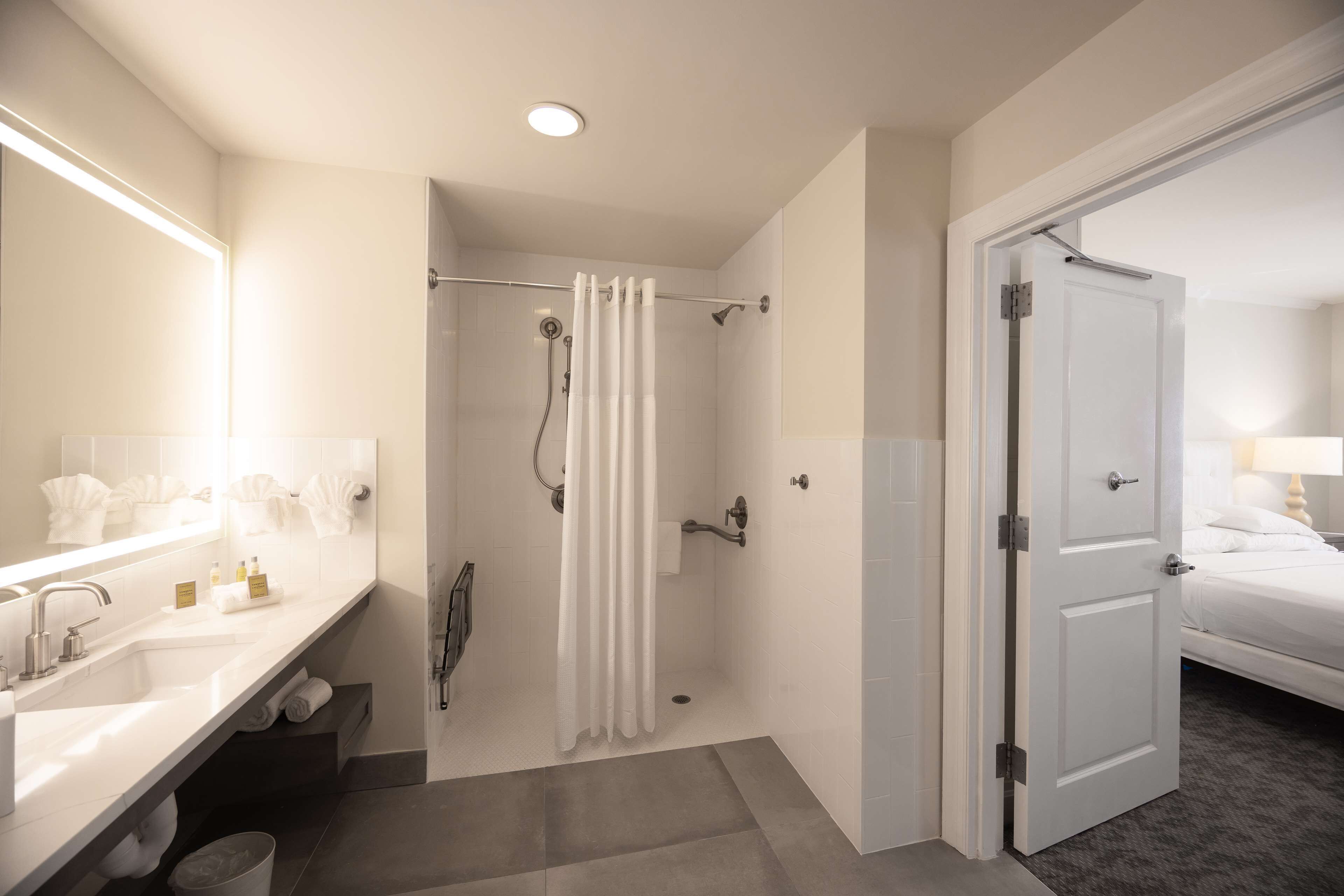 A modern bathroom with a shower, a sink, and a mirror.