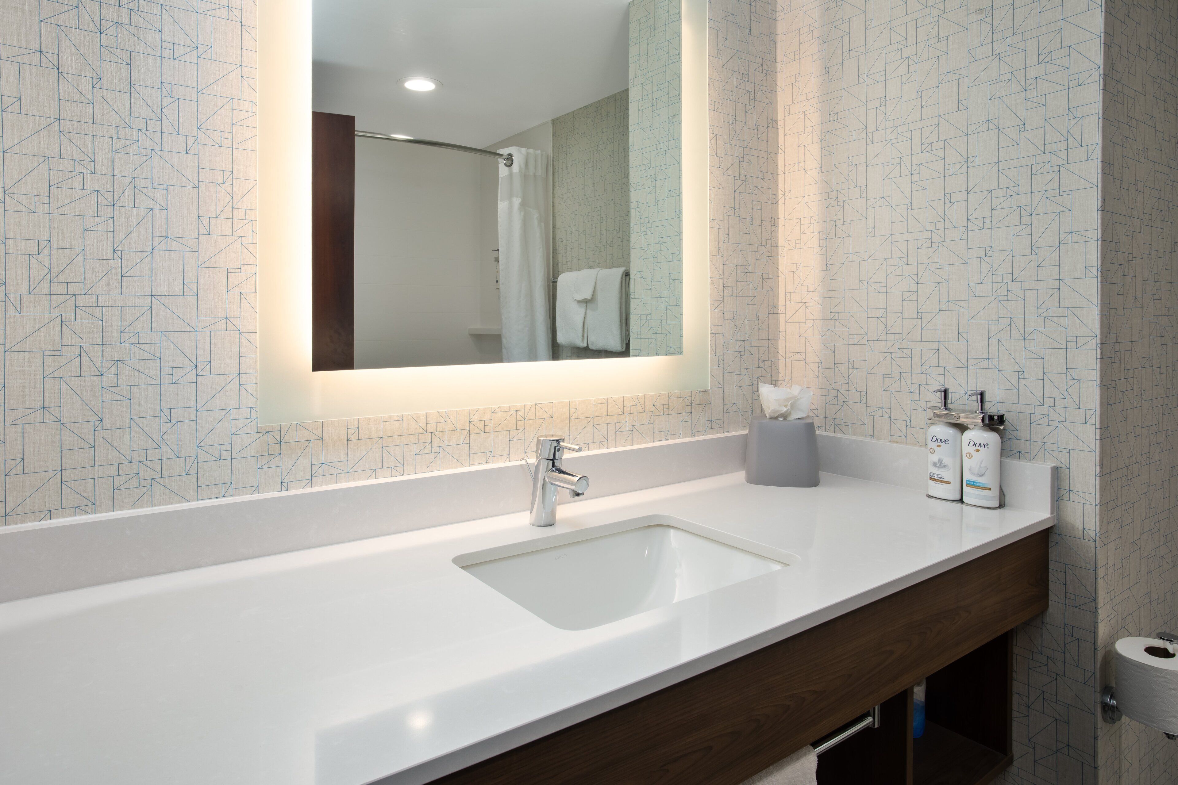 combined shower/bathtub, free toiletries, hair dryer, towels