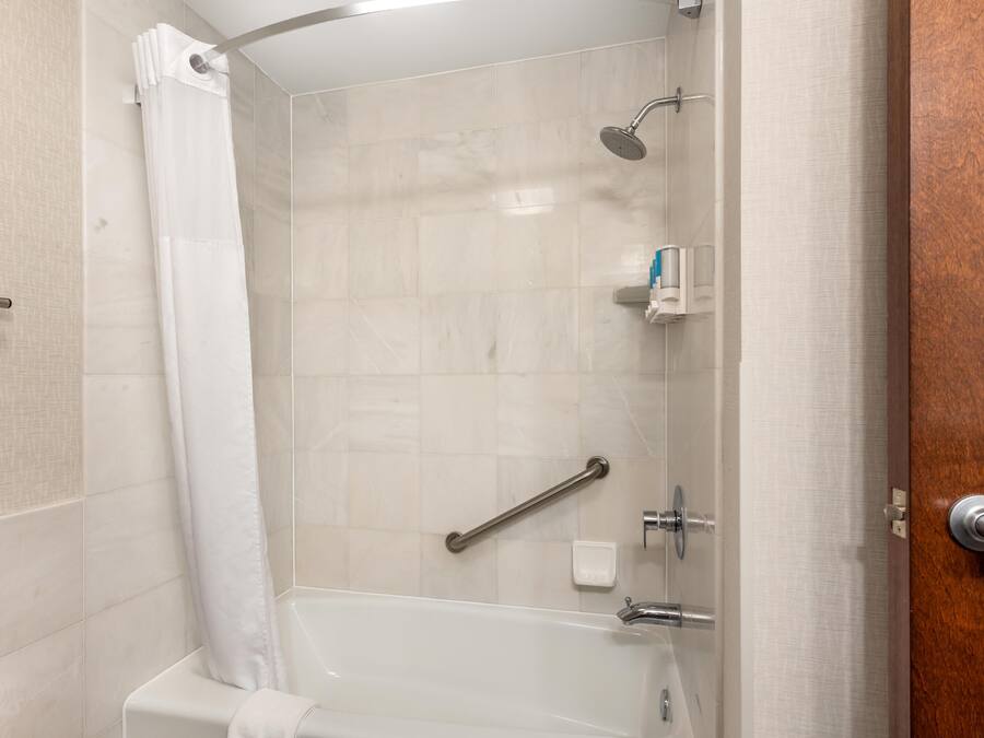 A bathroom with a shower, a bathtub, a handrail, and a soap dispenser.