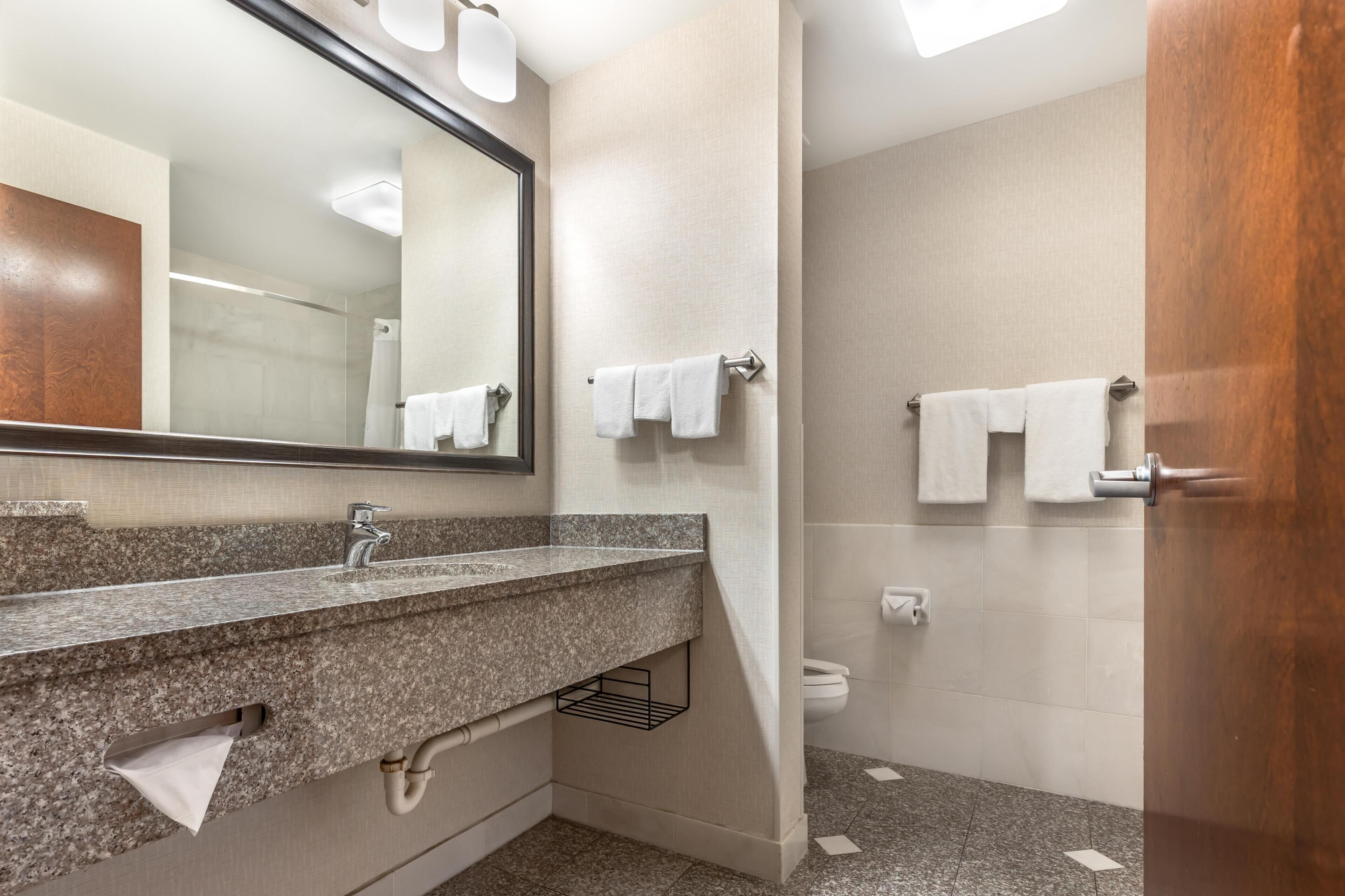 Combined shower/tub, free toiletries, hair dryer, towels