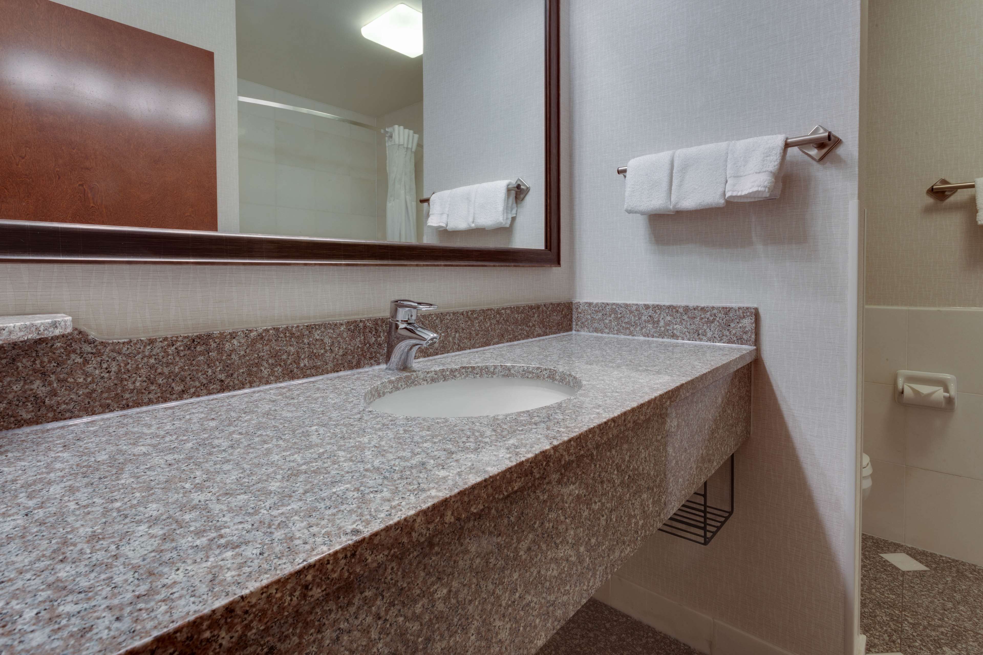 combined shower/bathtub, free toiletries, hair dryer, towels