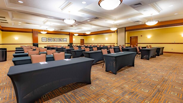 Un salón de conferencias con mesas y sillas dispuestas en filas, alfombra estampada e iluminación en el techo.