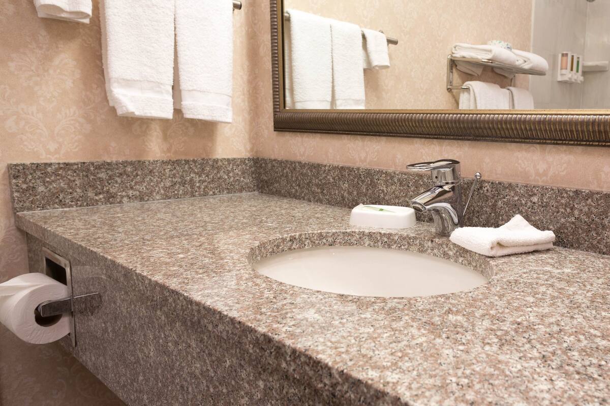 combined shower/bathtub, free toiletries, hair dryer, towels