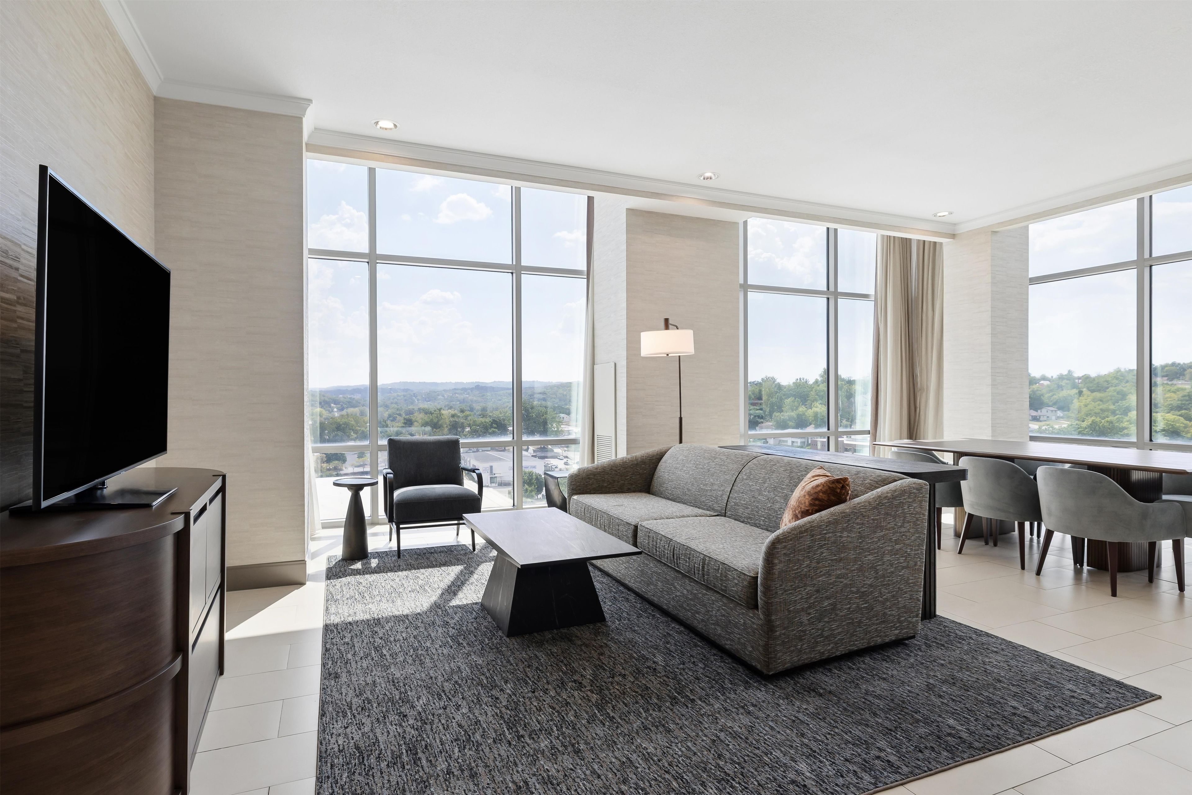 A modern living room with a flat-screen TV, a sofa, a coffee table, and a dining area with a table and chairs.