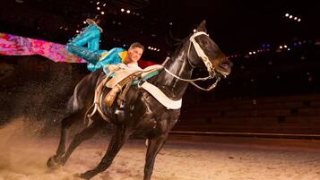 A person riding a black horse in an indoor arena with a sandy floor.