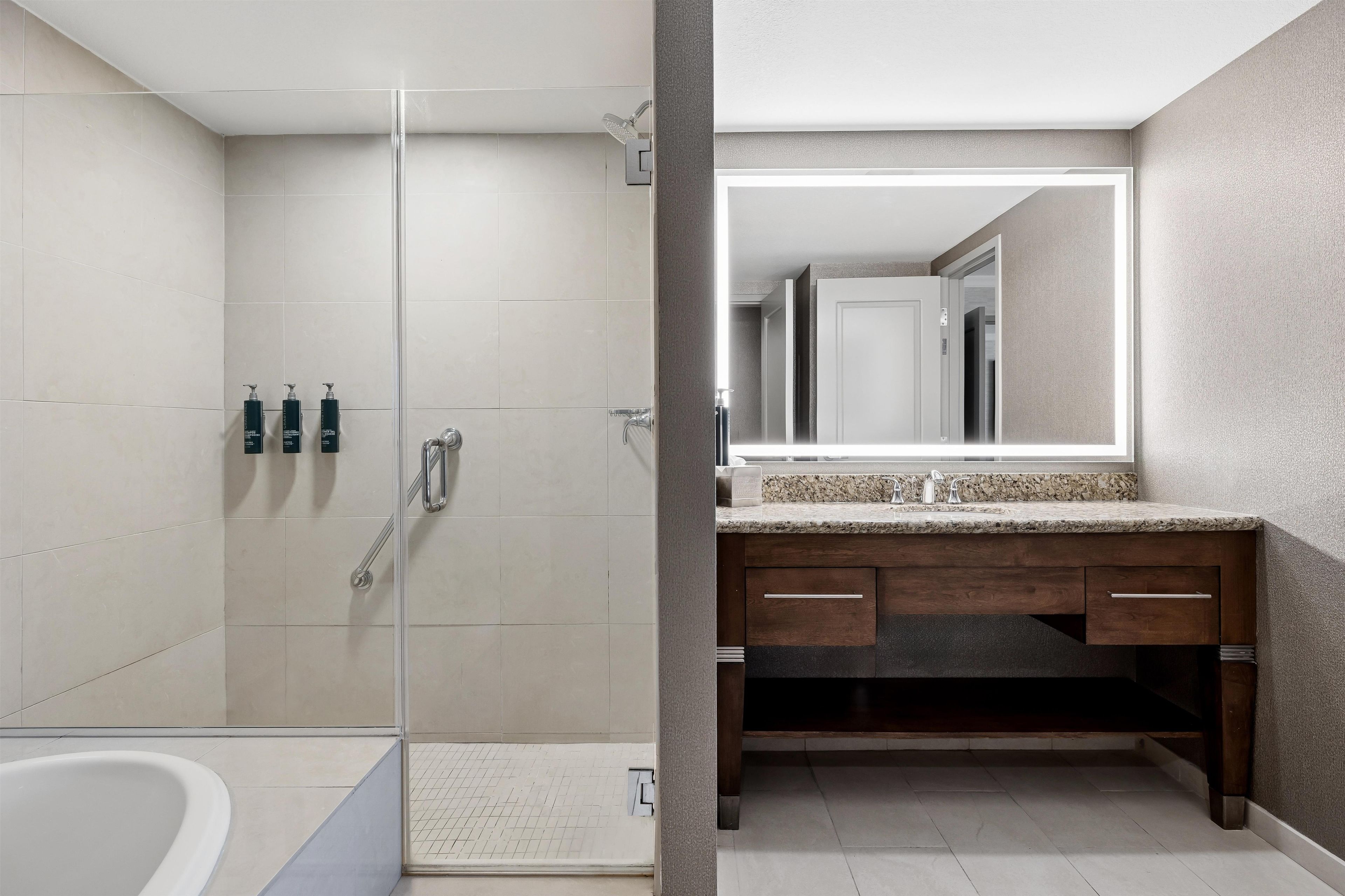 A modern bathroom with a glass-enclosed shower, a bathtub, and a vanity with a granite countertop.