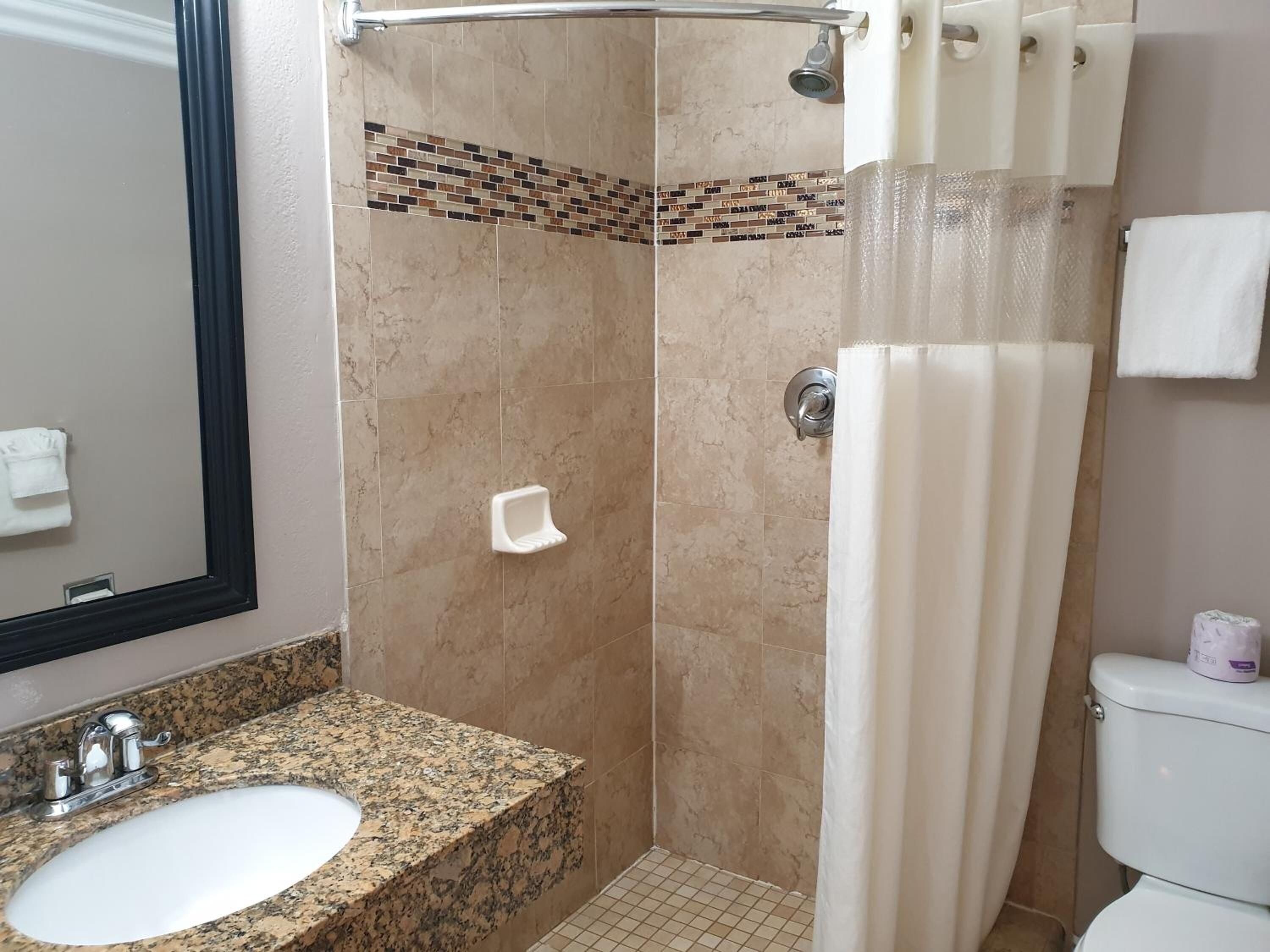 A bathroom with a granite countertop sink, a mirror, a shower with a tiled wall, and a toilet.
