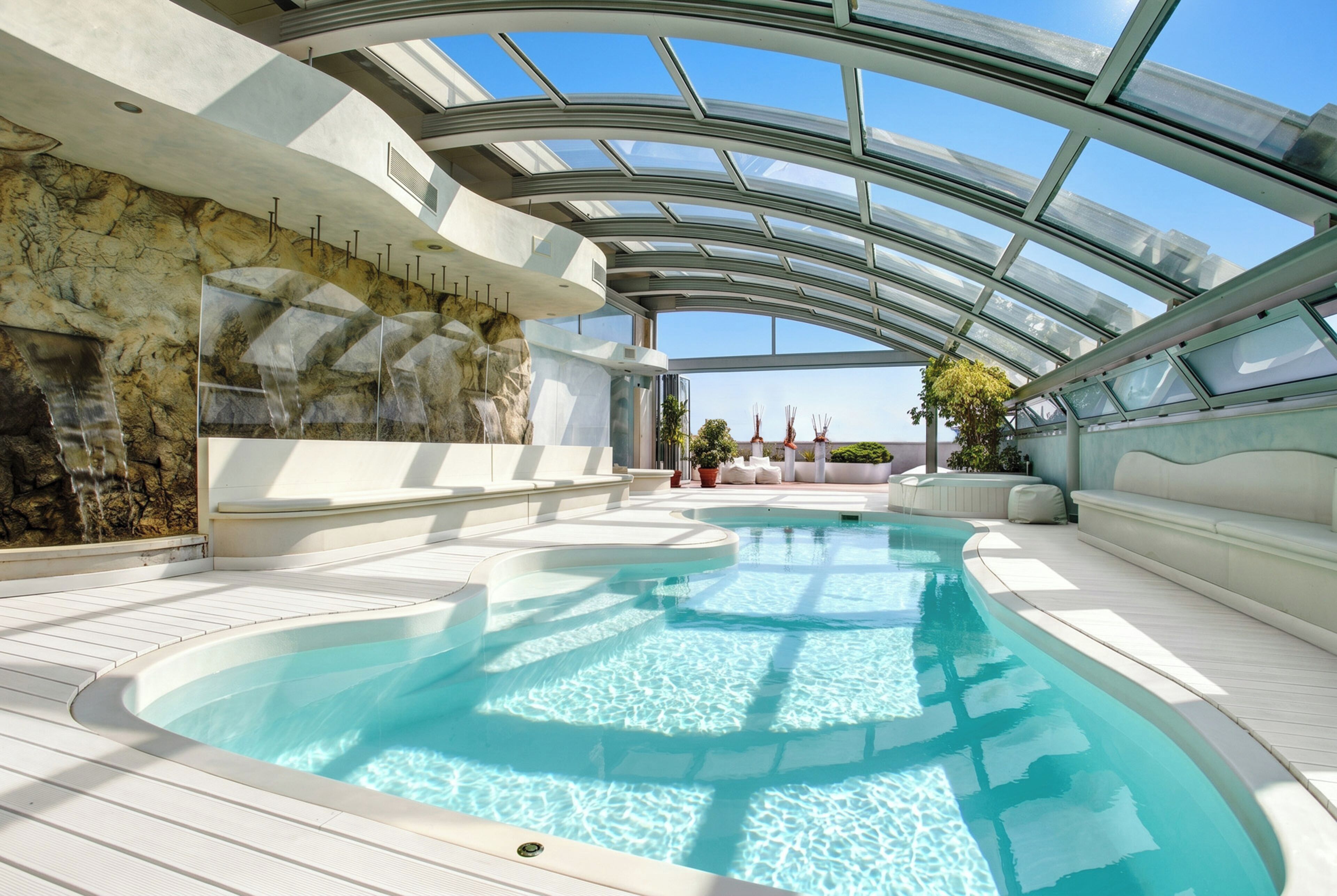 A modern indoor pool with a glass ceiling, a stone wall, and a view of the sky.