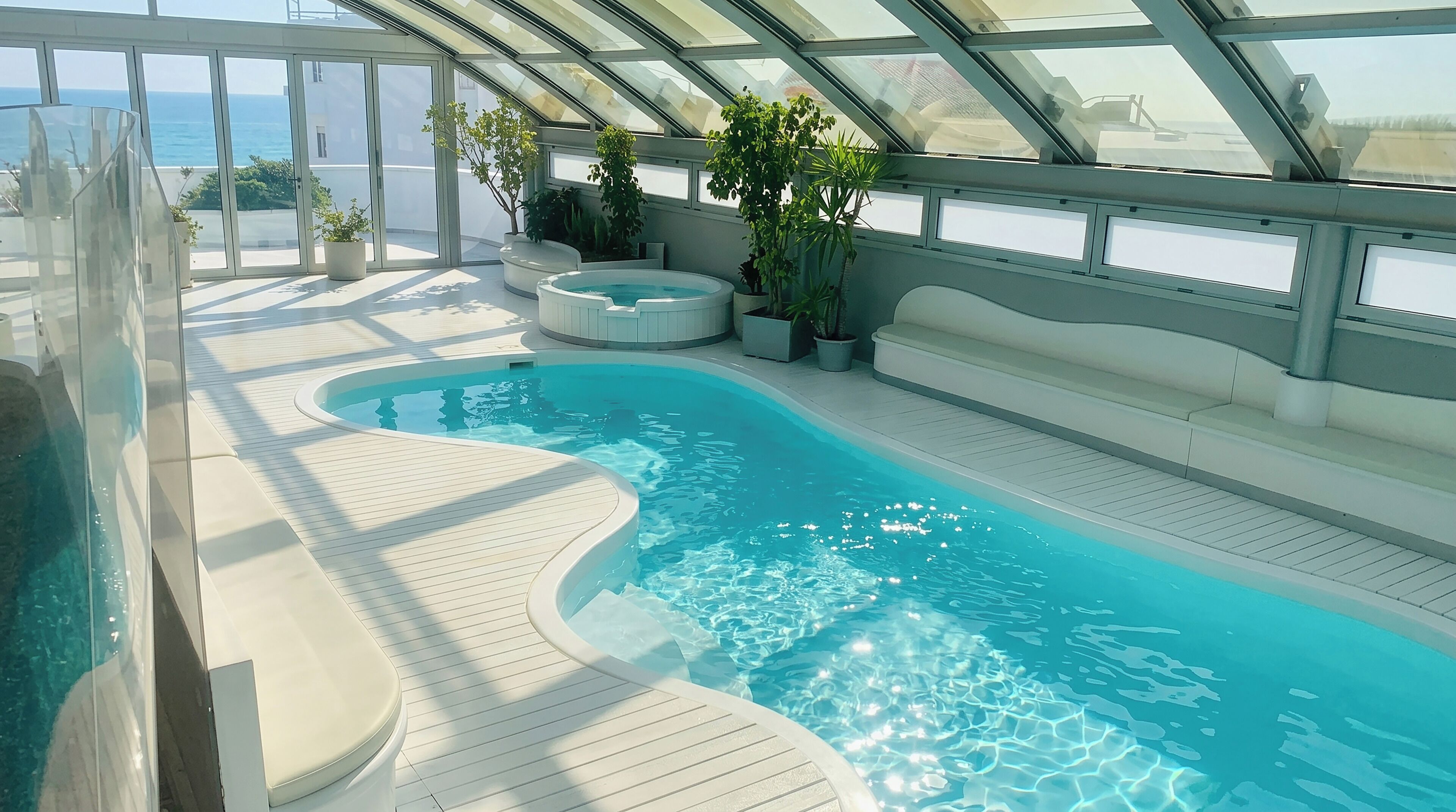 A sunlit indoor swimming pool with a curved design, surrounded by potted plants and a glass ceiling.