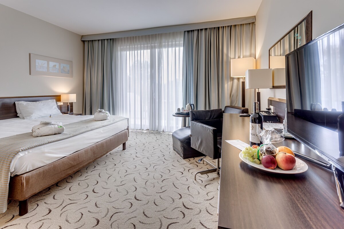 A hotel room with a bed, a desk with a television, a chair, and a plate of fruit.