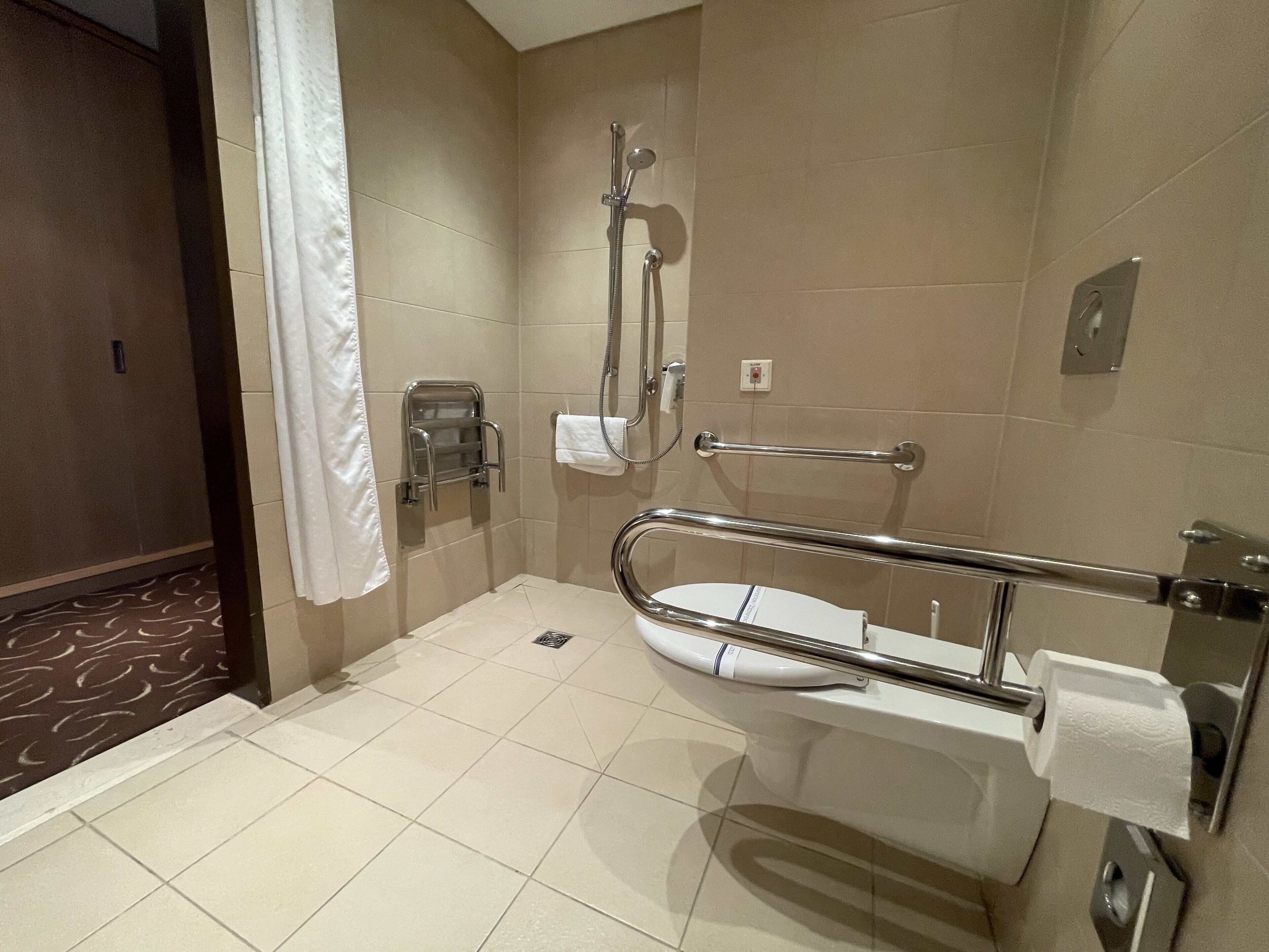 A bathroom with a shower, toilet, and grab bars.
