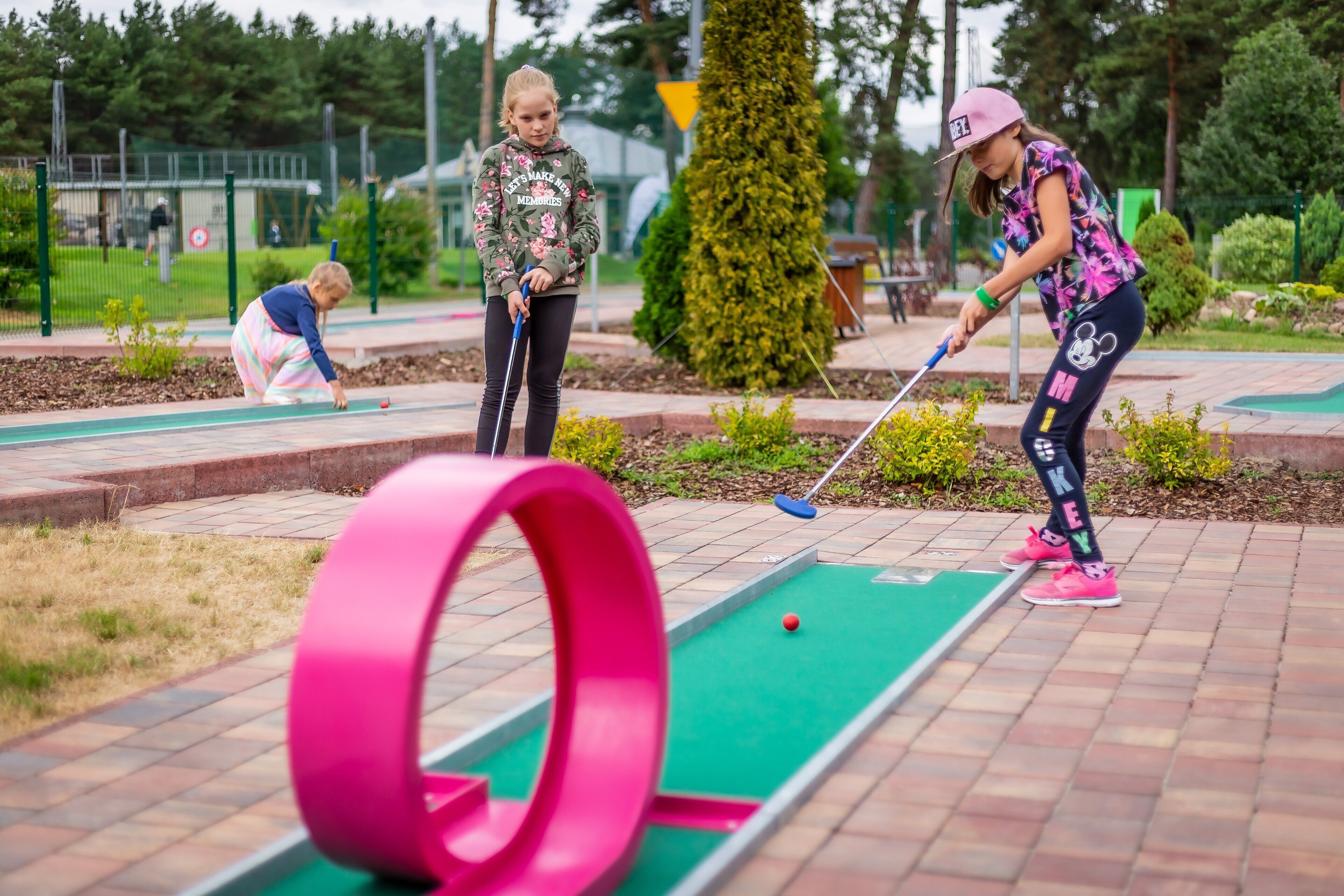 A miniature golf course with a green putting green, a pink hoop obstacle, and a red golf ball.