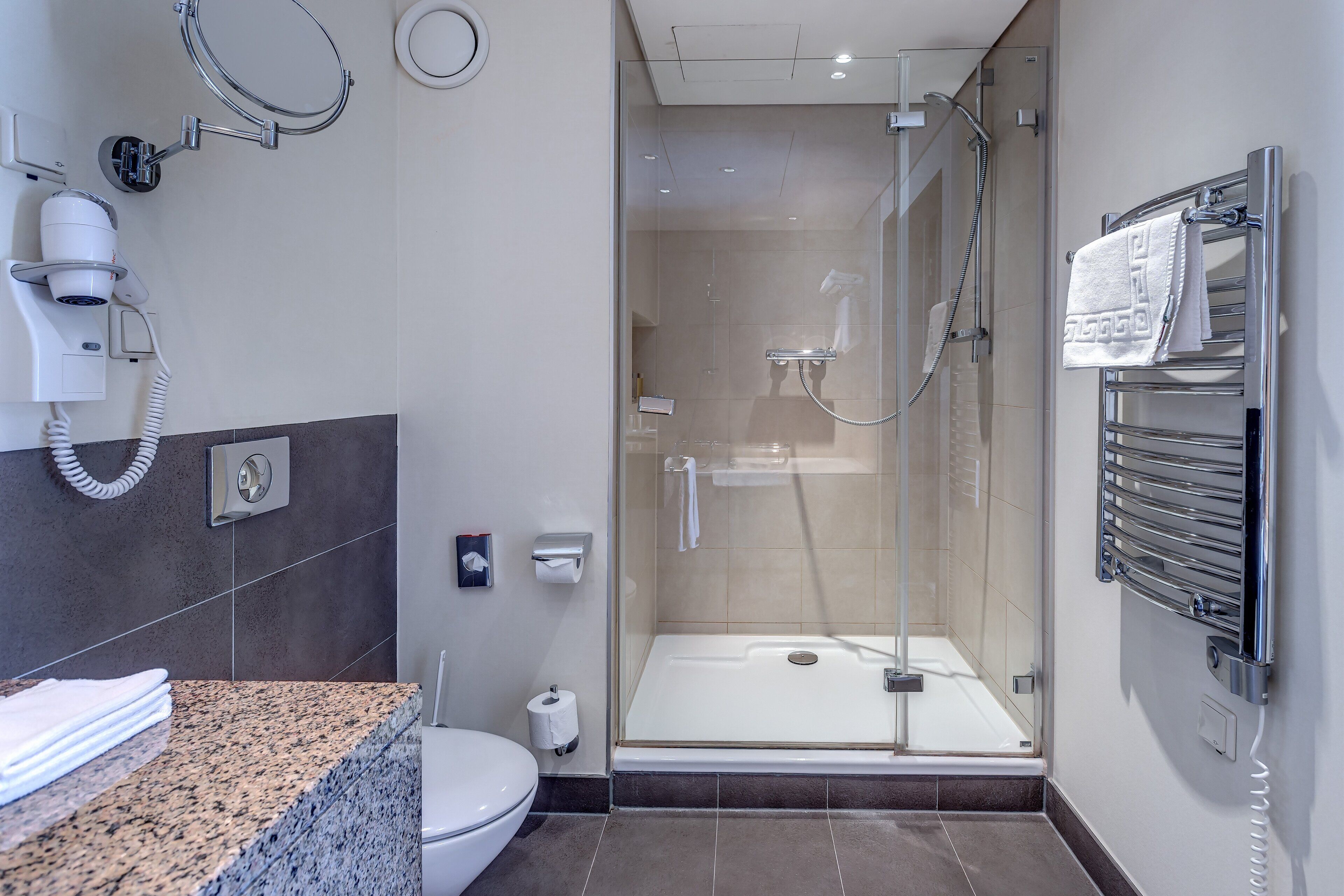 A modern bathroom with a glass-enclosed shower, a granite countertop, a toilet, and a towel rack.