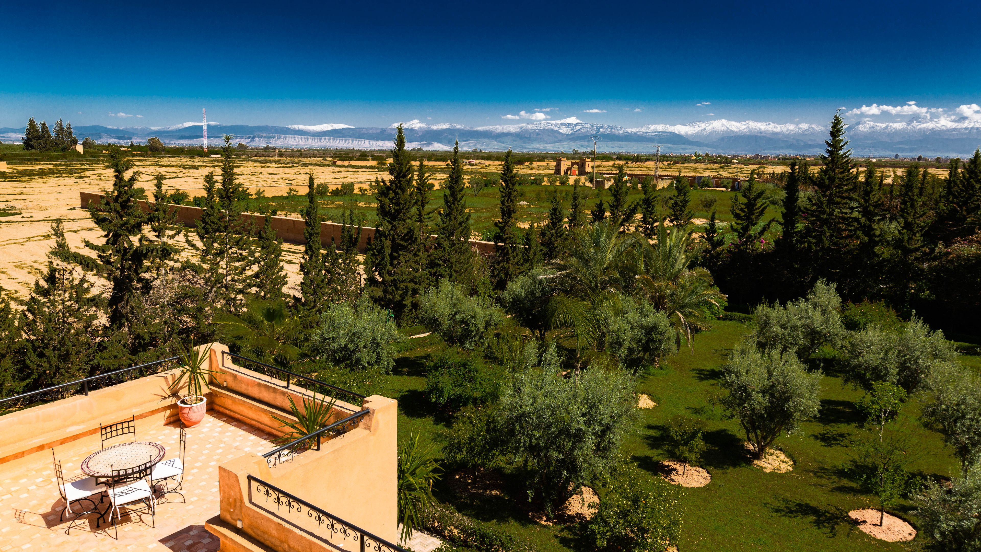 A terrace with a table and chairs, surrounded by trees and a view of snow-capped mountains.