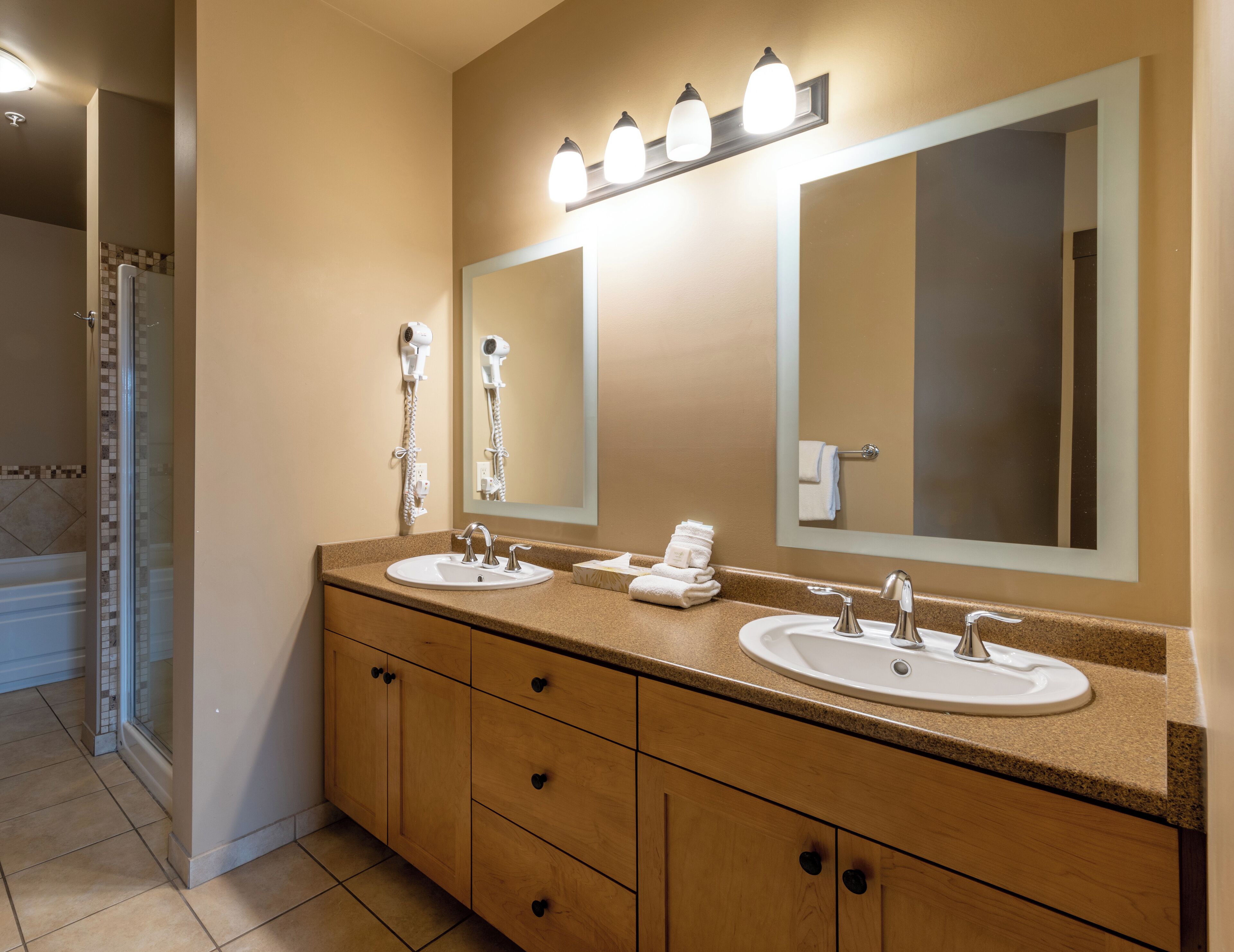 A bathroom with two sinks, a large mirror, and a hairdryer.