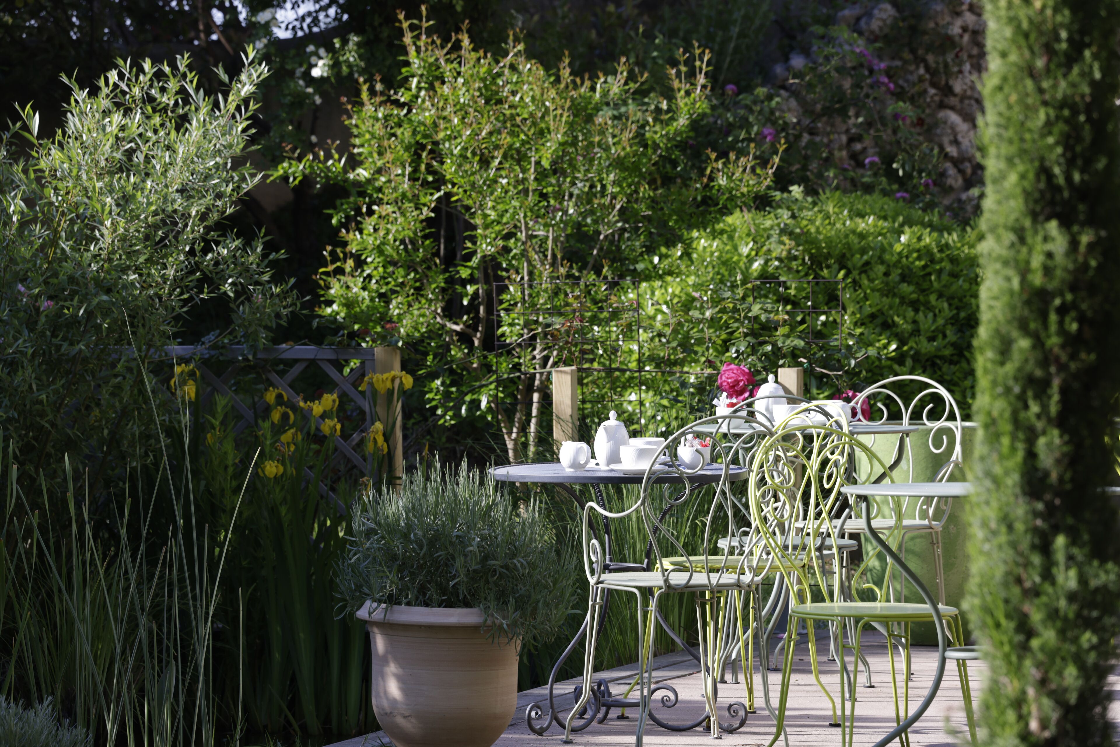 A garden patio with metal chairs and a table, surrounded by various plants and flowers.