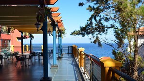 An outdoor terrace with tables and chairs, overlooking the sea. - Royal Orchid (Santa Cruz)