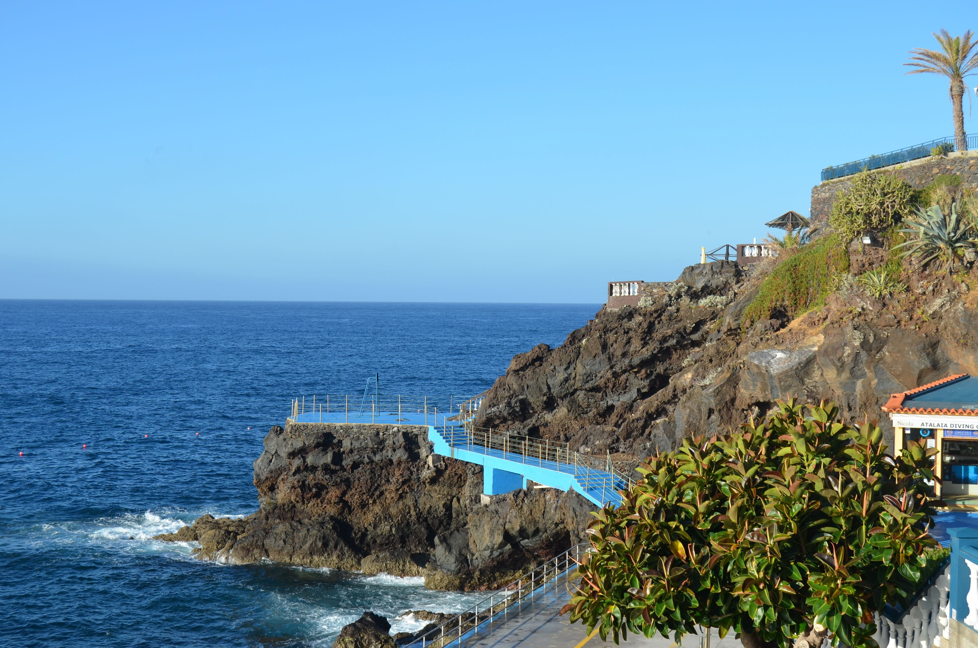 A coastal hotel with a rocky cliff, a blue staircase leading to a terrace, and a palm tree.