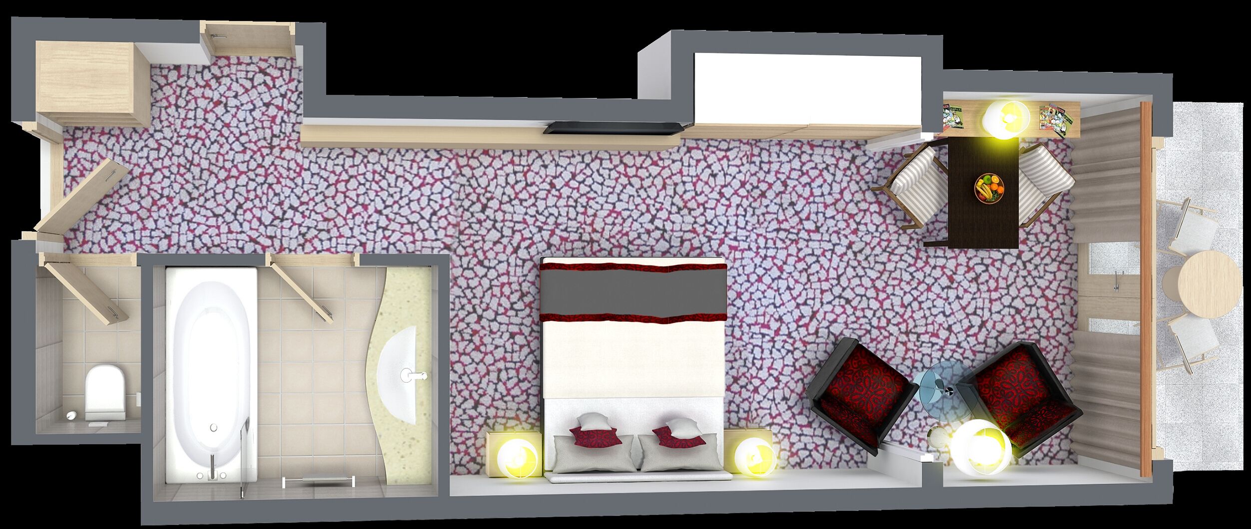 A hotel room layout with a bathroom, a bed, a desk, and a seating area.