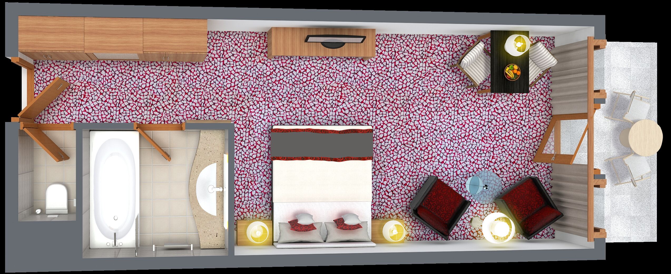 Distribución de una habitación de hotel con cama, dos mesitas de noche, zona de estar con sofá y sillones, una pequeña mesa con lámpara, baño con bañera y retrete, y kitchenette con lavabo y cocina.