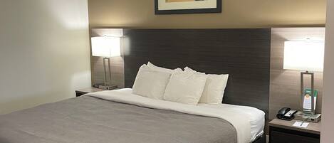 A hotel room with a large bed, two bedside tables with lamps, a ceiling fan, and a framed artwork on the wall.