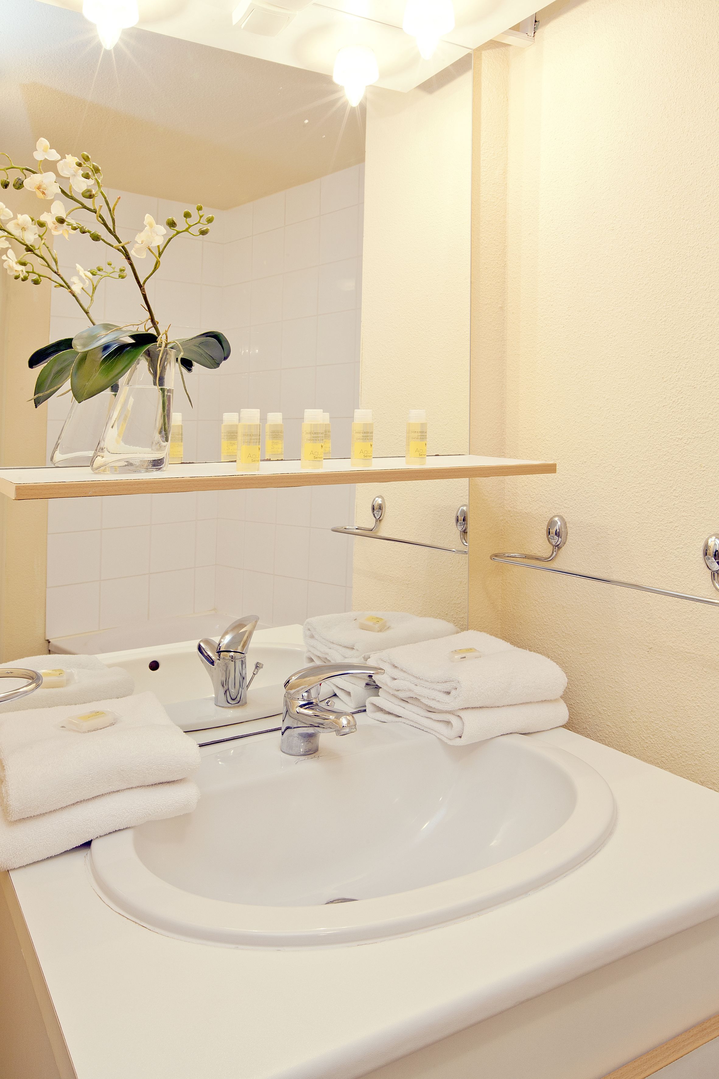 Ein Badezimmer mit einem weißen Waschbecken, einem Spiegel und einem Ablagebereich für Toilettenartikel.