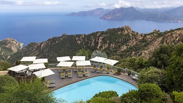 Seasonal outdoor pool, pool umbrellas, pool loungers