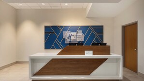 Una recepción con un diseño geométrico azul en la pared, un detalle de madera y un cartel de Holiday Inn Express Suites.