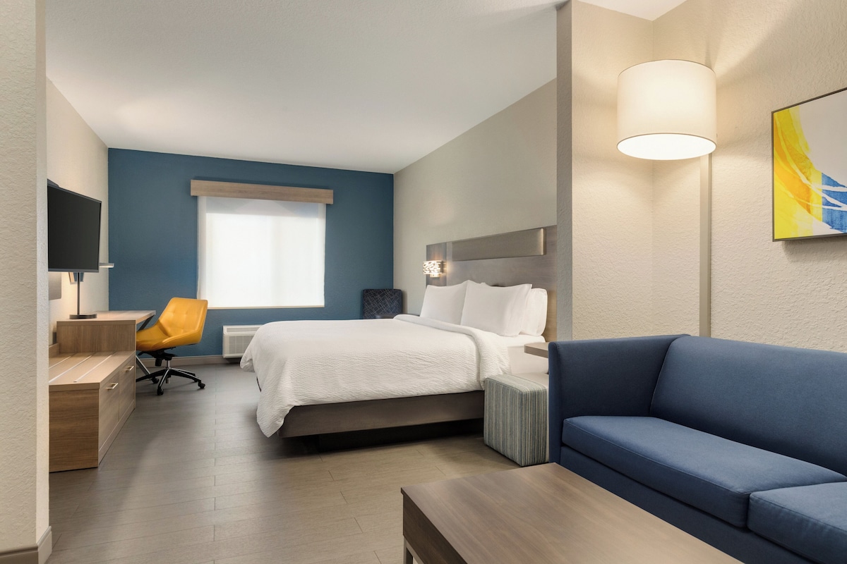 Une chambre d’hôtel moderne avec un lit, un canapé bleu, un bureau avec une chaise et un téléviseur.