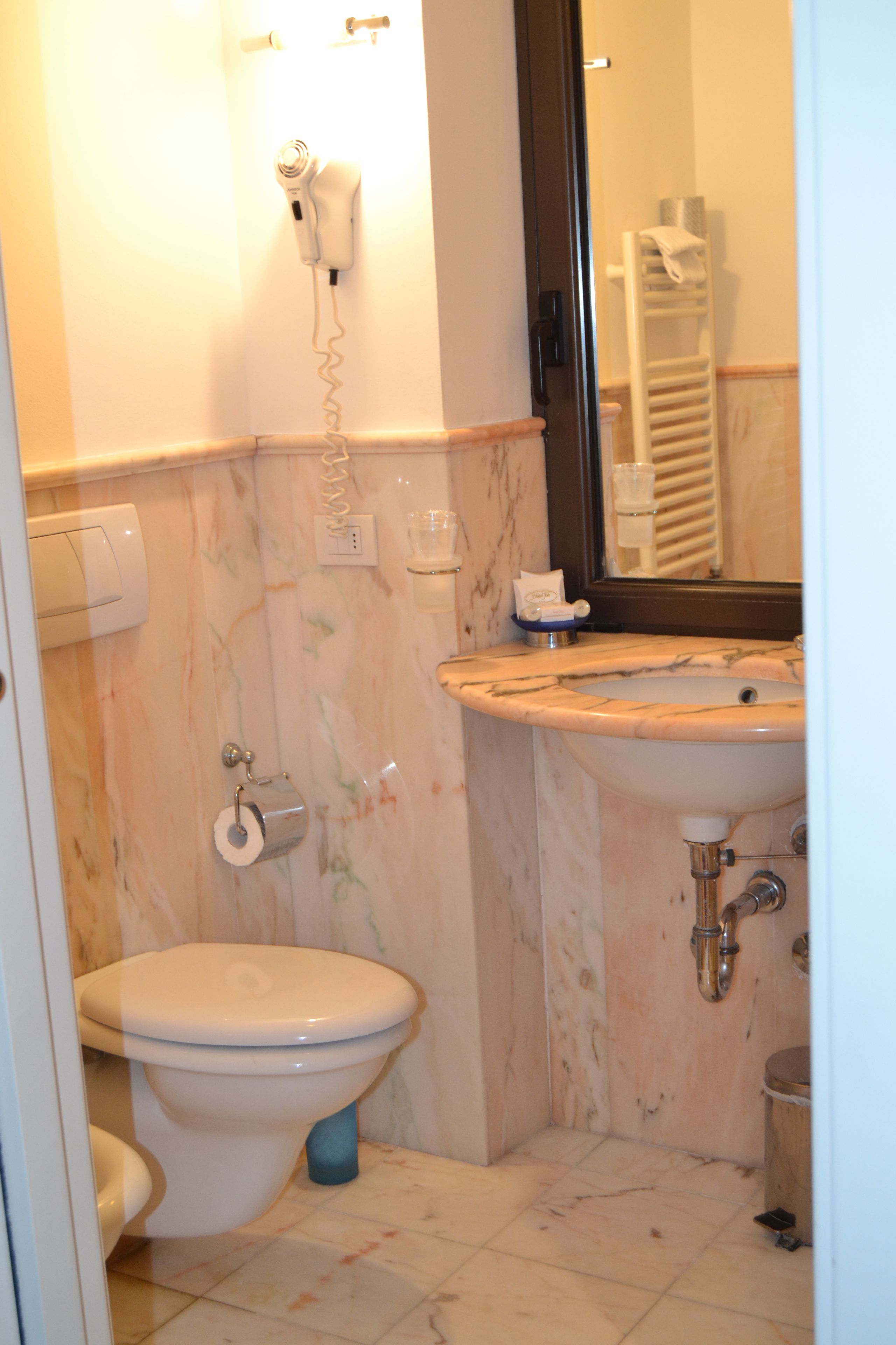 A bathroom with a toilet, a sink, and a hairdryer mounted on the wall.