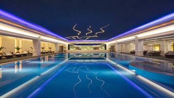 Indoor pool, seasonal outdoor pool, lifeguards on site