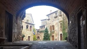 Un couloir voûté en pierre, d’où l’on aperçoit des bâtiments en pierre et un sapin de Noël décoré.