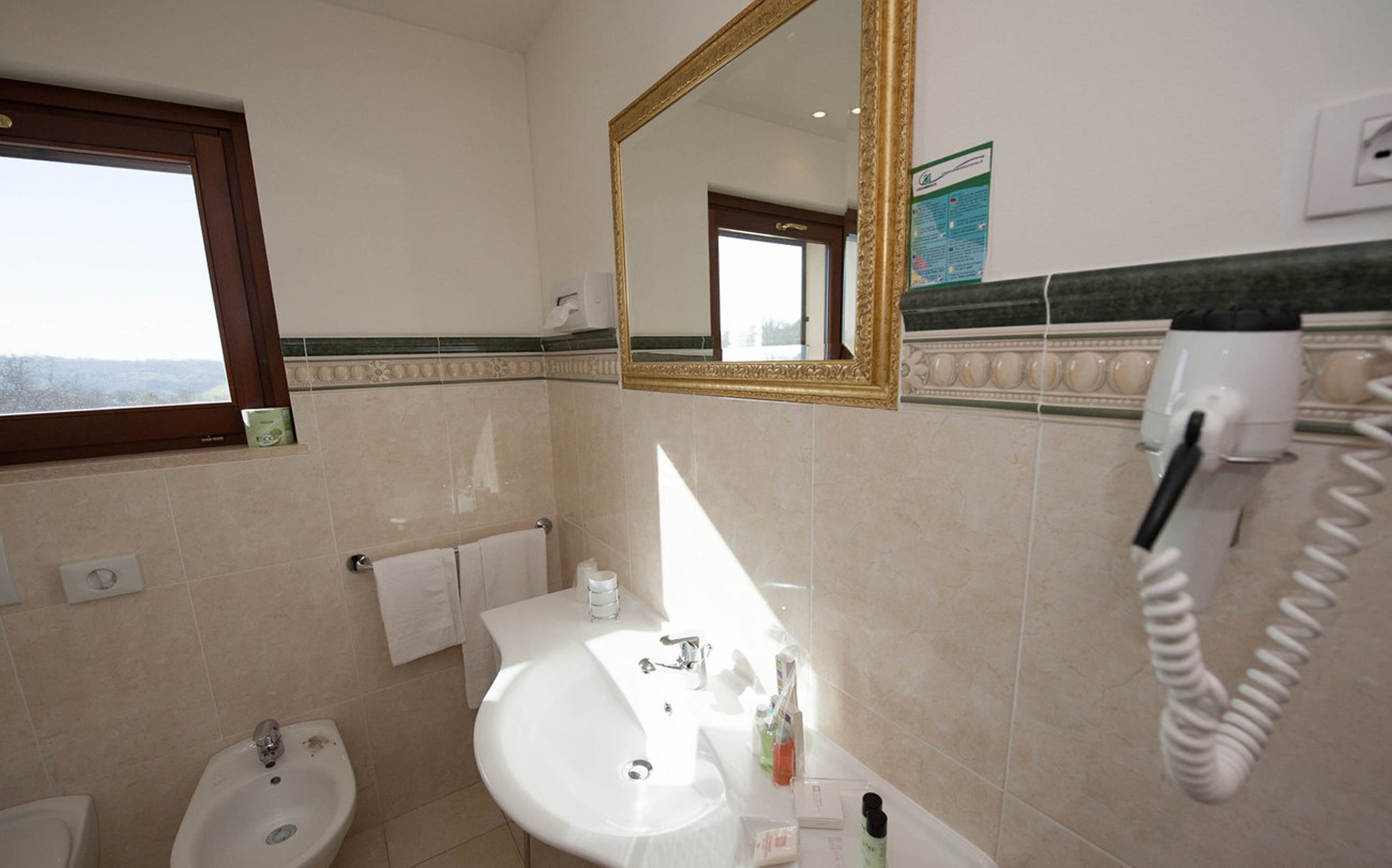 Ein Badezimmer mit Waschbecken, Bidet und Spiegel. An der Wand befinden sich ein Handtuchhalter und ein Lufttrockner.