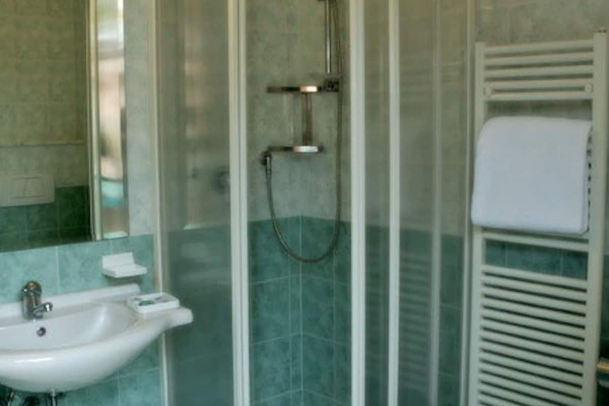 shower, hair dryer, bidet, towels