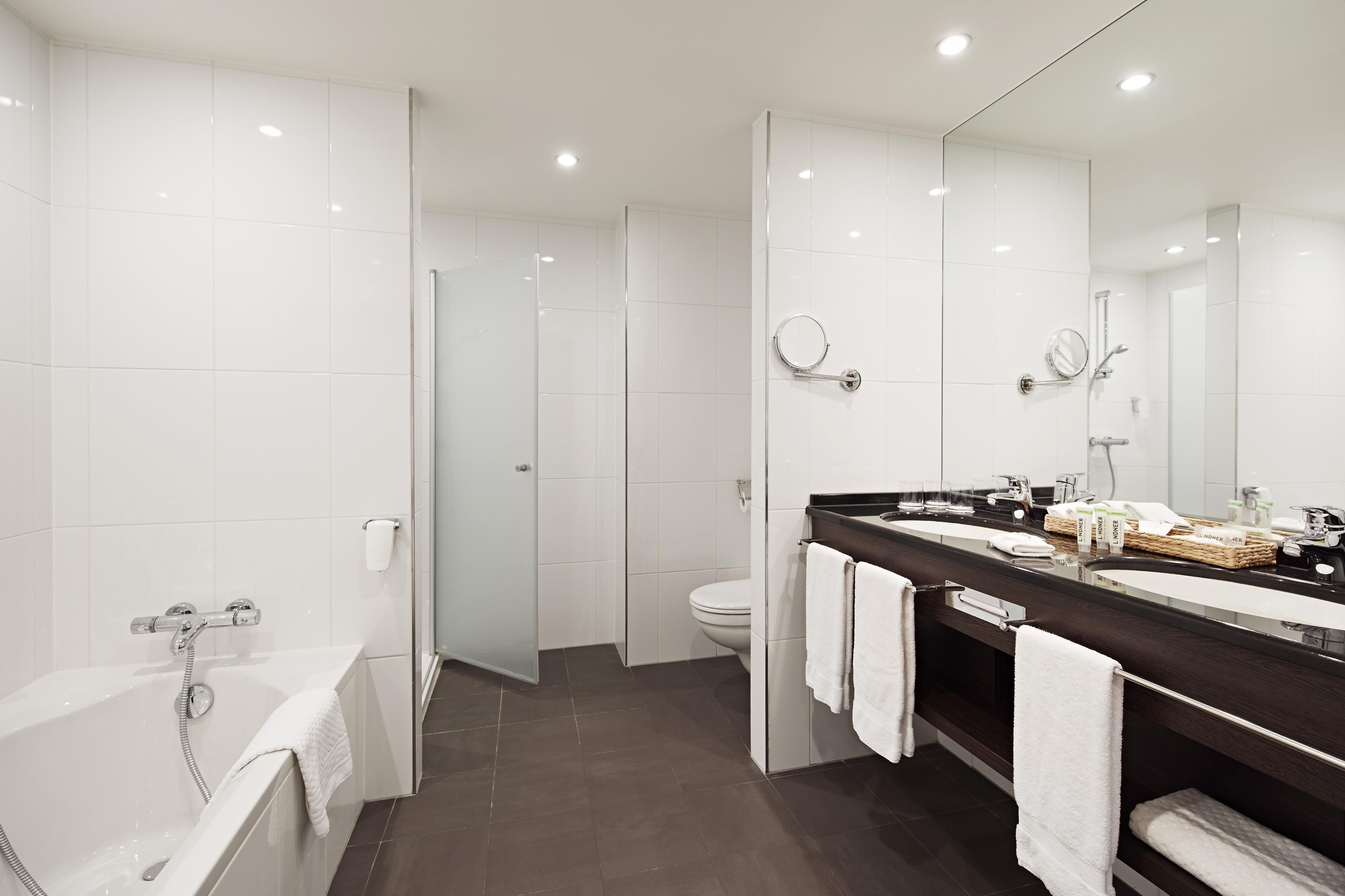 A modern bathroom with a bathtub, a shower, a toilet, and a vanity with a mirror.