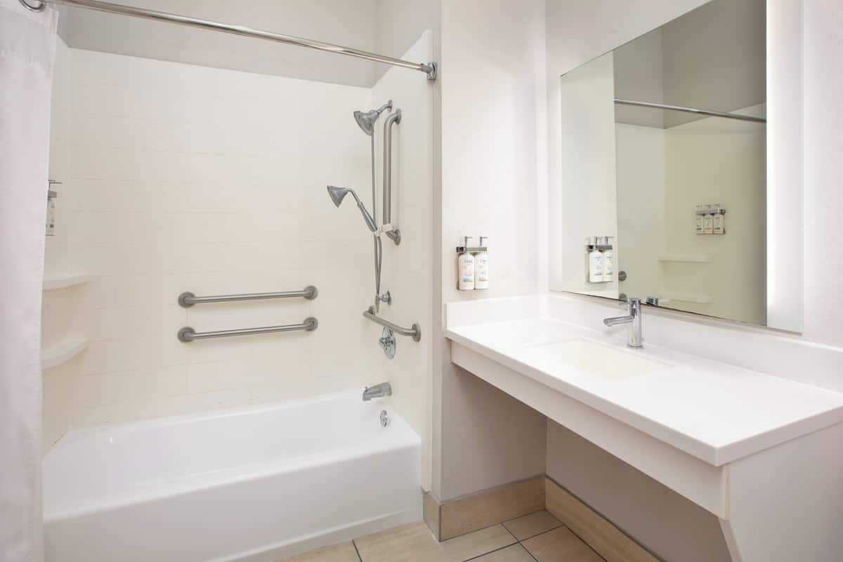 Hair dryer, towels, soap, shampoo