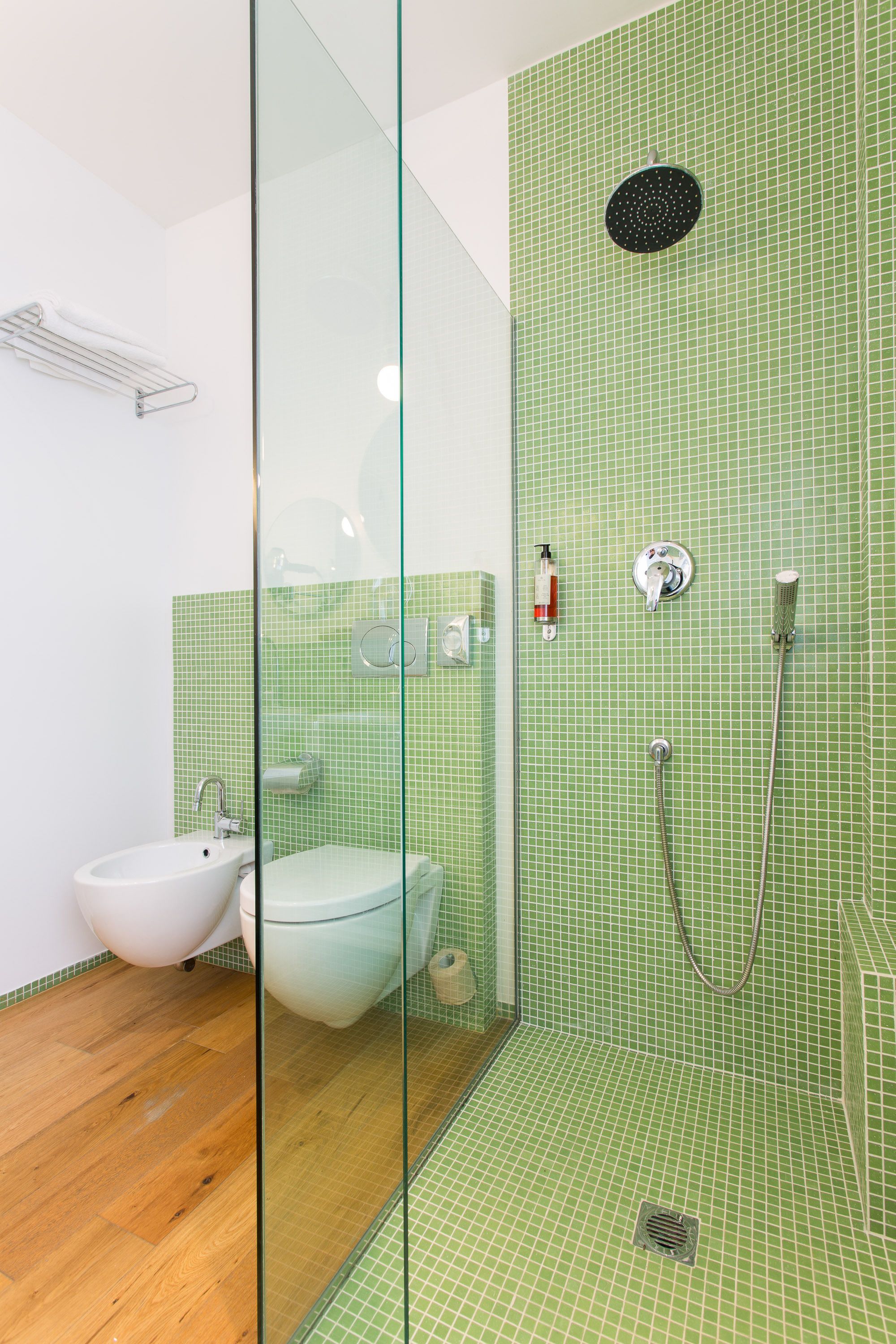 A modern bathroom with a glass shower enclosure, a bidet, and a sink.